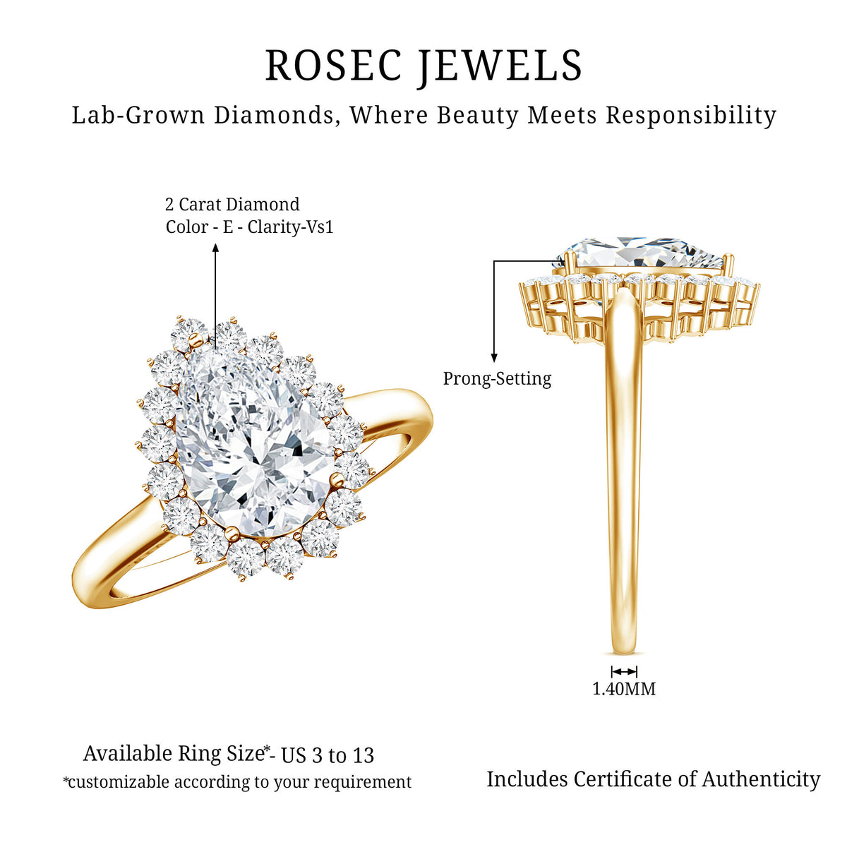 IGI Verified 2 Carat Lab Grown Diamond Pear Halo Engagement Ring Lab - ( E-VS1 ) - Rosec Jewels