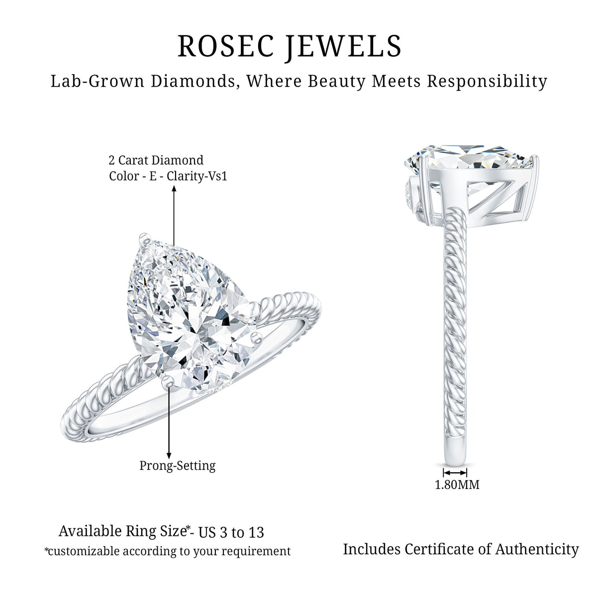 Lab Grown 2 Carat Diamond Teardrop Engagement Ring with IGI Certificate Lab - ( E-VS1 ) - Rosec Jewels