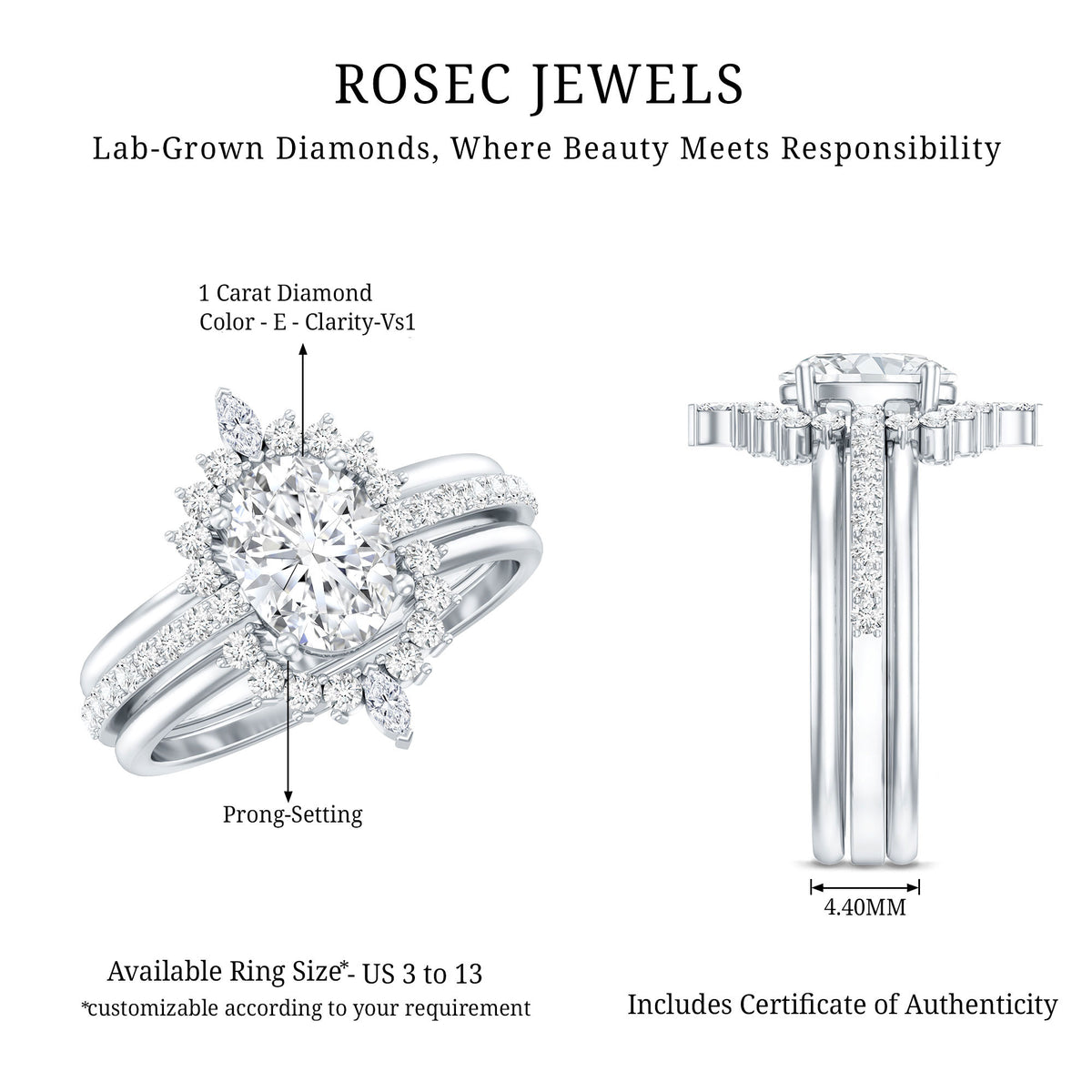 IGI Certified 1 Carat Oval Lab Grown Diamond Trio Wedding Ring Set Lab - ( E-VS1 ) - Rosec Jewels