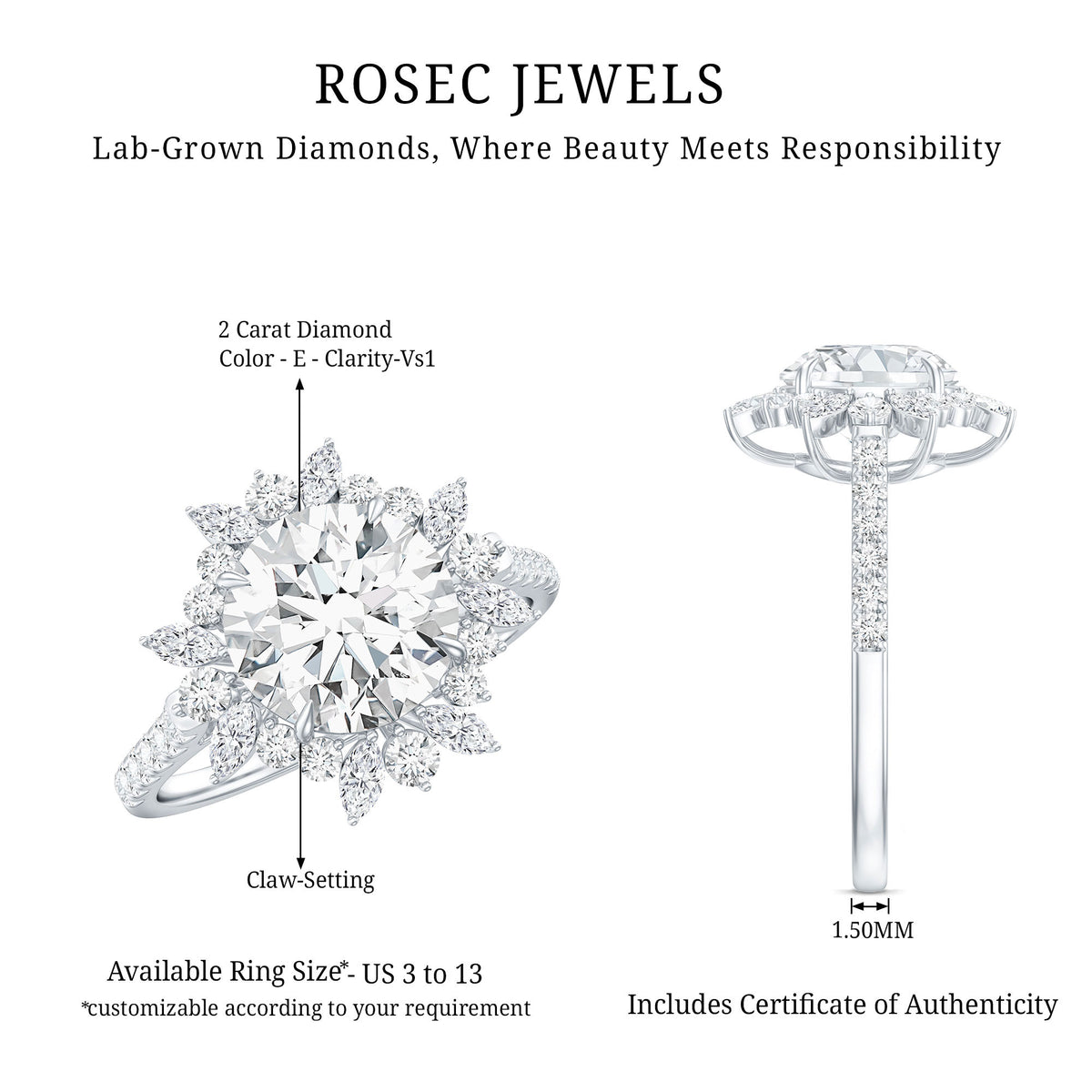 IGI Documented 2 Carat Lab Grown Diamond Cocktail Ring with Halo Lab - ( E-VS1 ) - Rosec Jewels