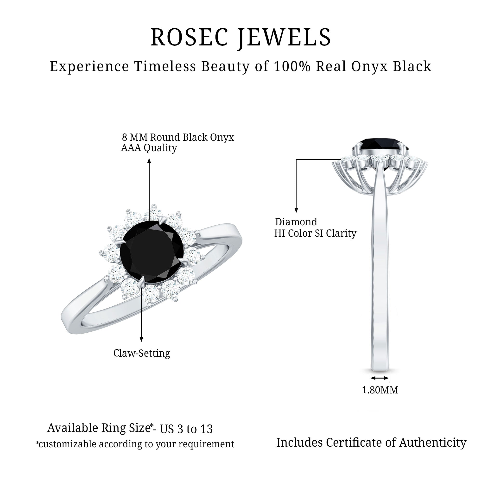 Rosec Jewels-Round Cut Black Onyx and Diamond Engagement Ring For Women