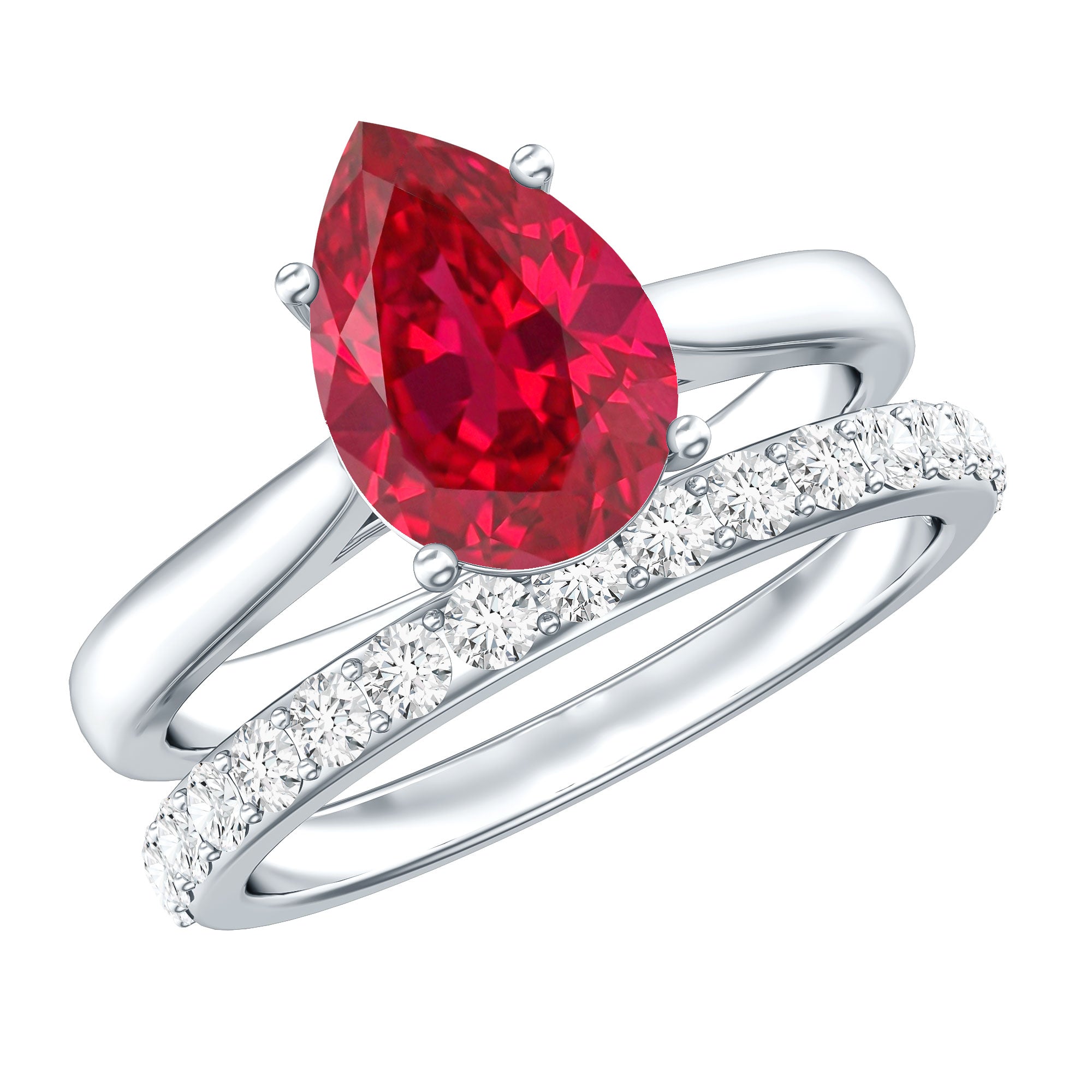 Rosec Jewels-Pear Shape Created Ruby Solitaire Wedding Ring Set with Moissanite