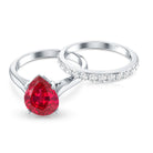 Rosec Jewels-Pear Shape Created Ruby Solitaire Wedding Ring Set with Moissanite