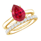 Rosec Jewels-Pear Shape Created Ruby Solitaire Wedding Ring Set with Moissanite