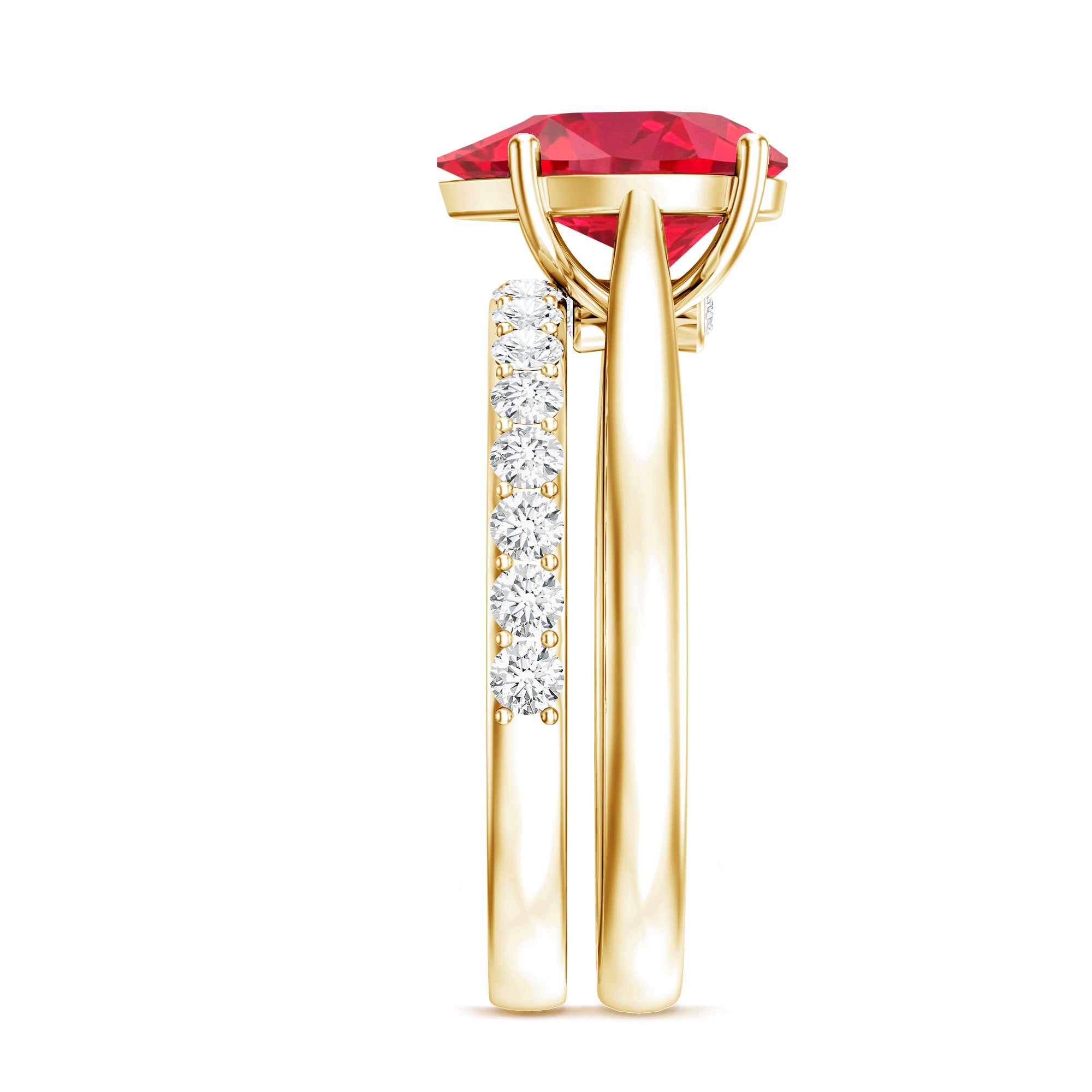 Rosec Jewels-Pear Shape Created Ruby Solitaire Wedding Ring Set with Moissanite
