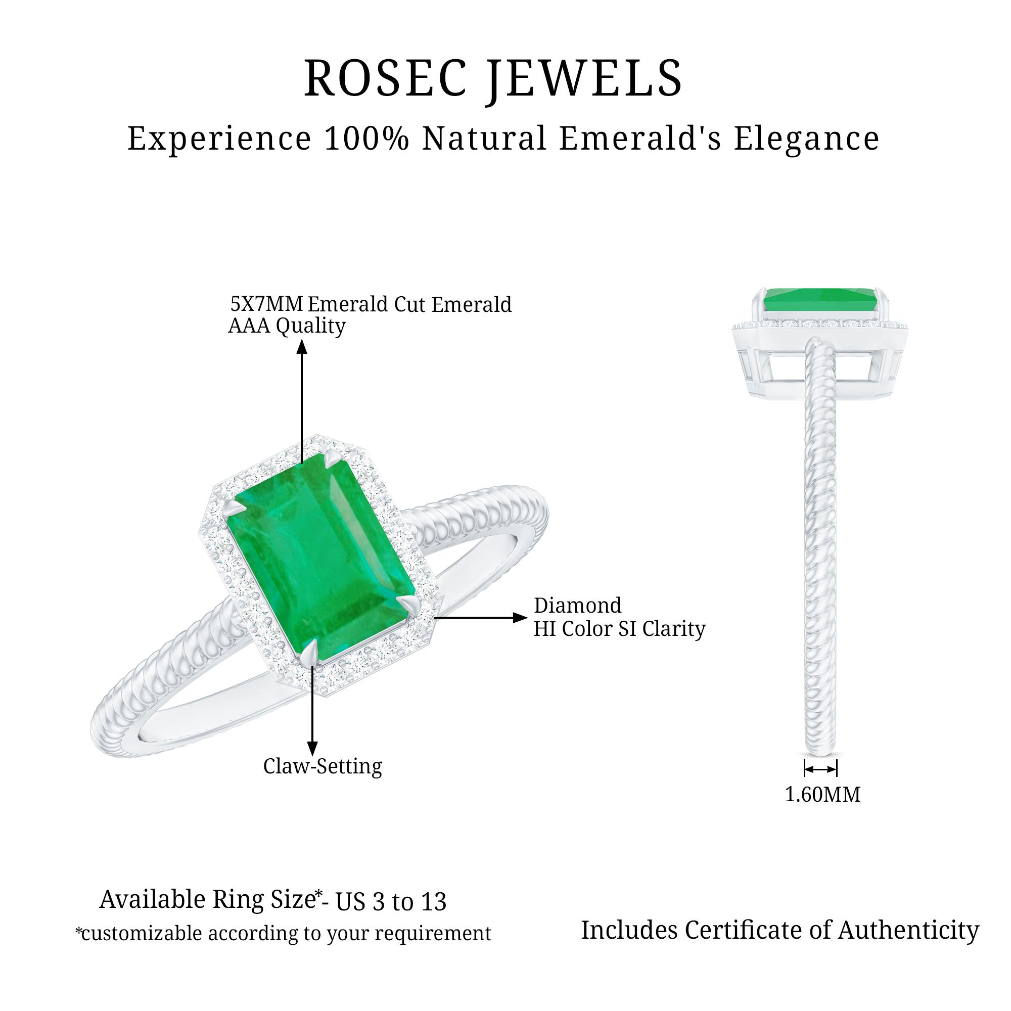 Natural 1.2 Carat Emerald Engagement Ring with Diamond Halo AAA - Rosec Jewels