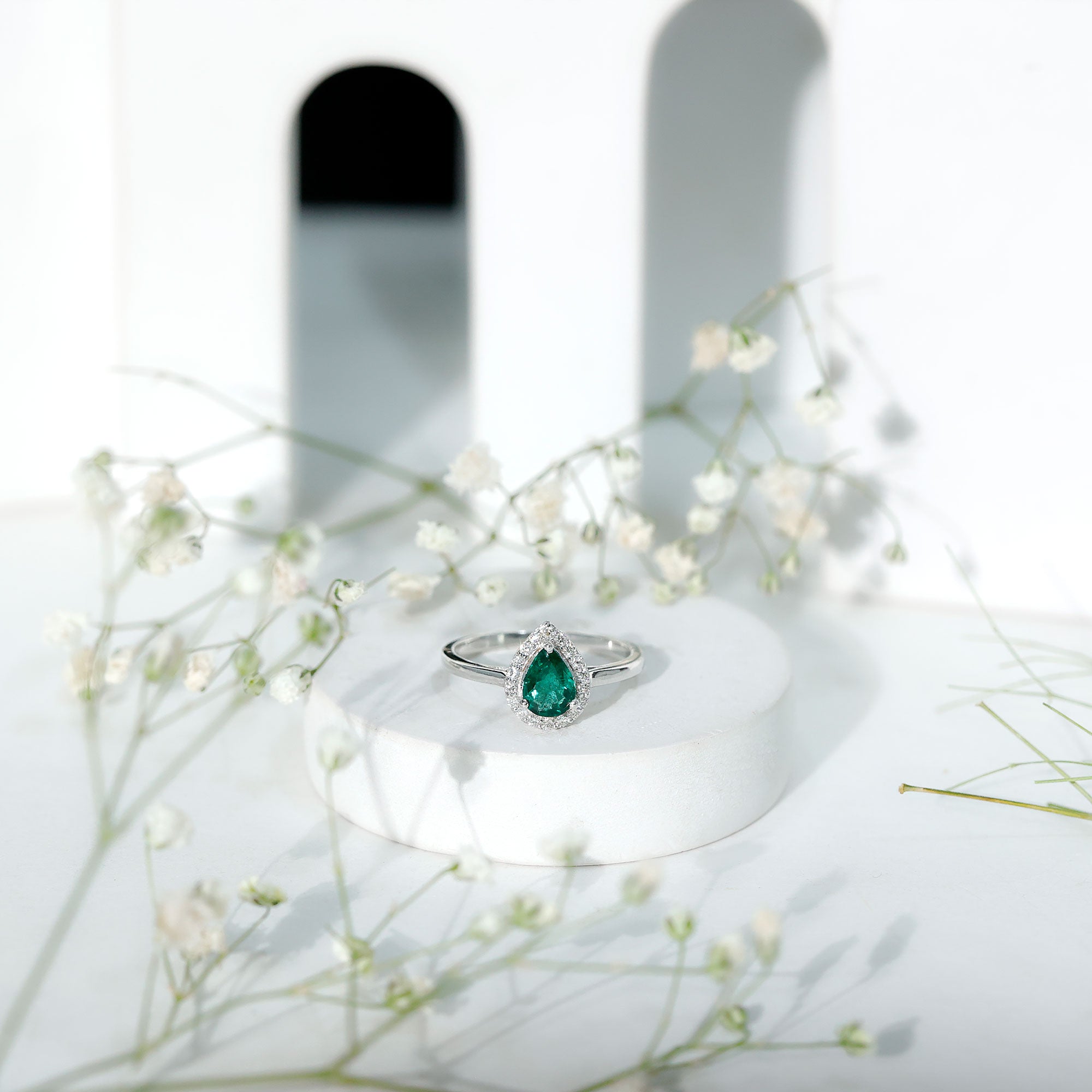 Rosec Jewels-Real Emerald Teardrop Engagement Ring with Diamond Halo