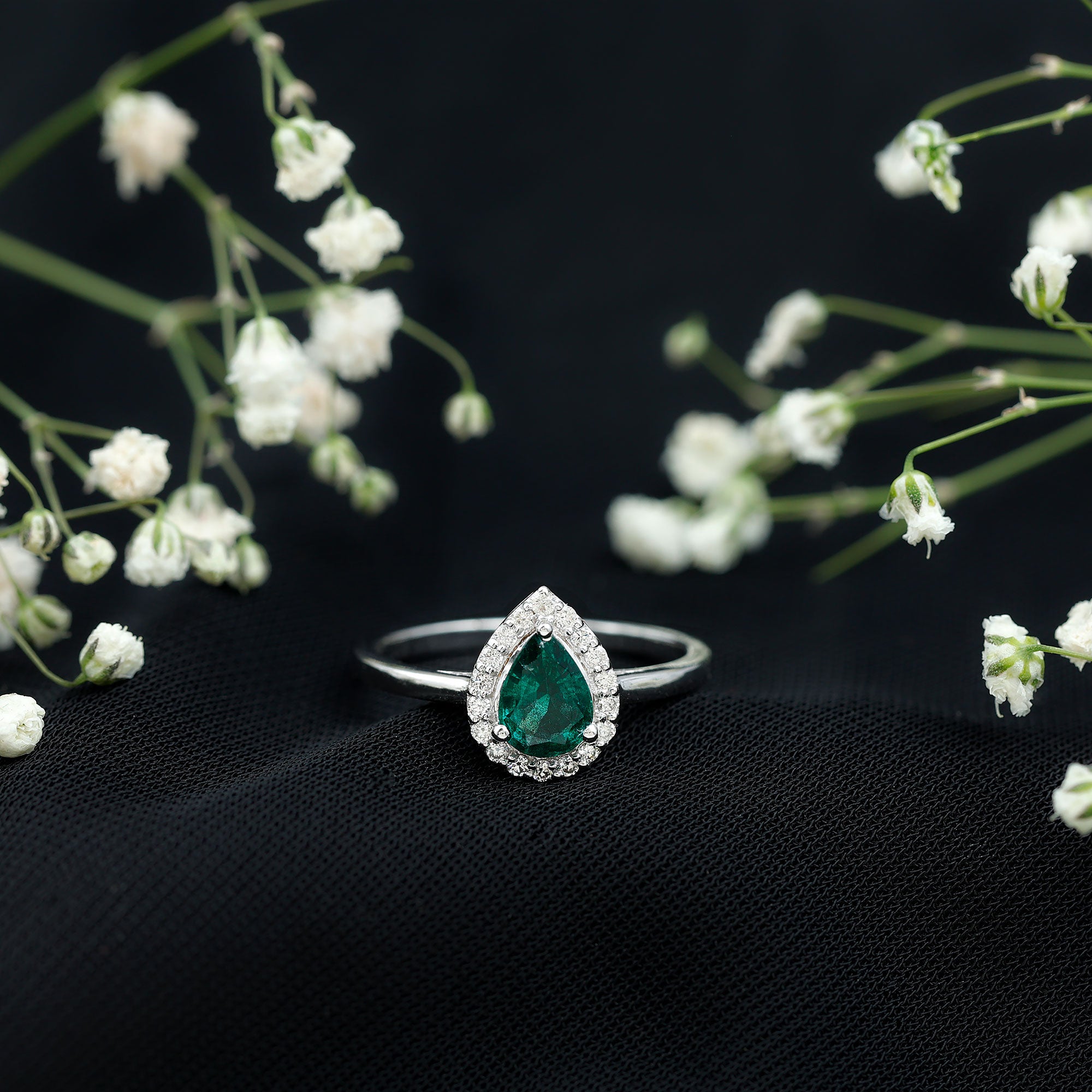 Rosec Jewels-Real Emerald Teardrop Engagement Ring with Diamond Halo