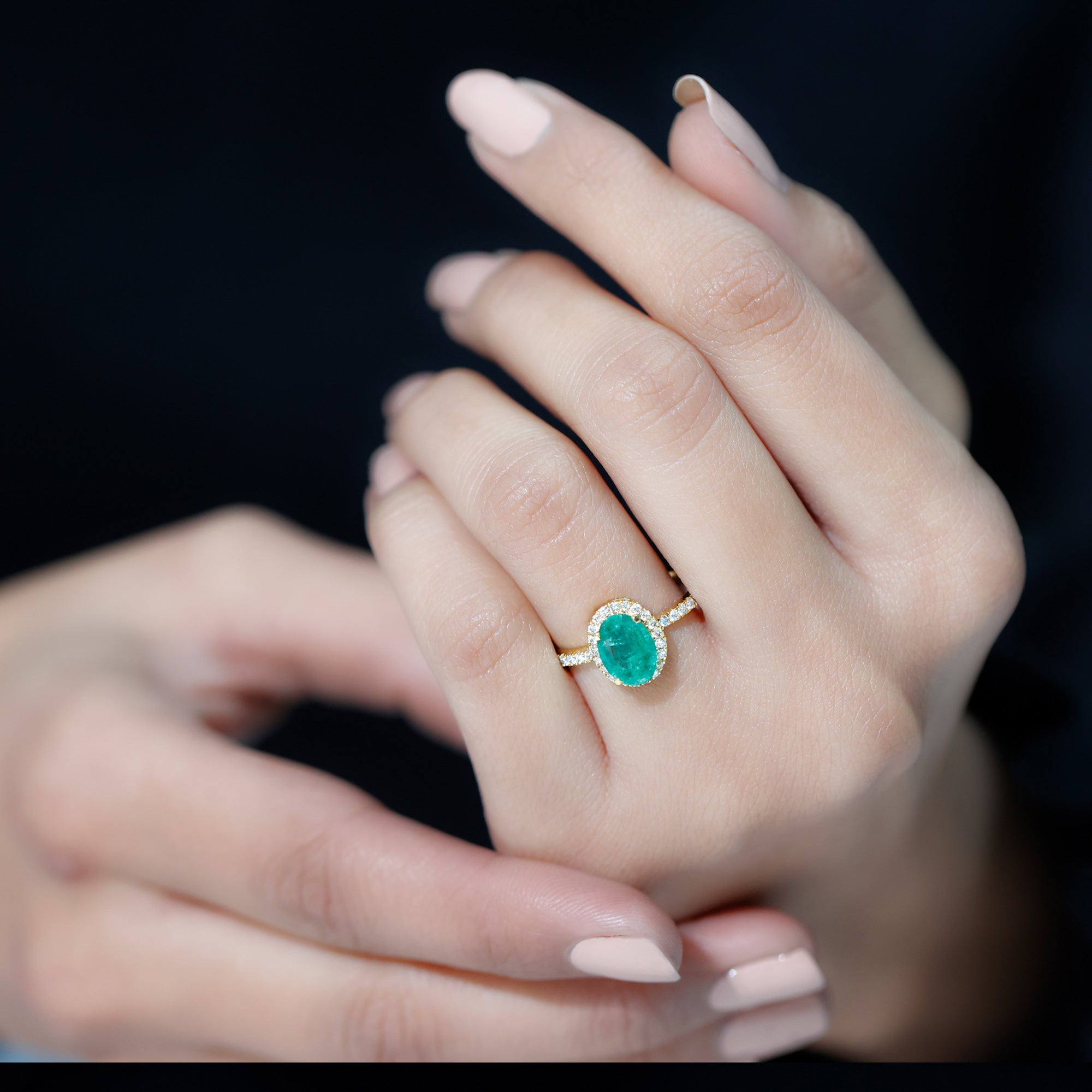 Rosec Jewels-Genuine 6X8MM Oval Emerald Engagement Ring with Diamond Halo