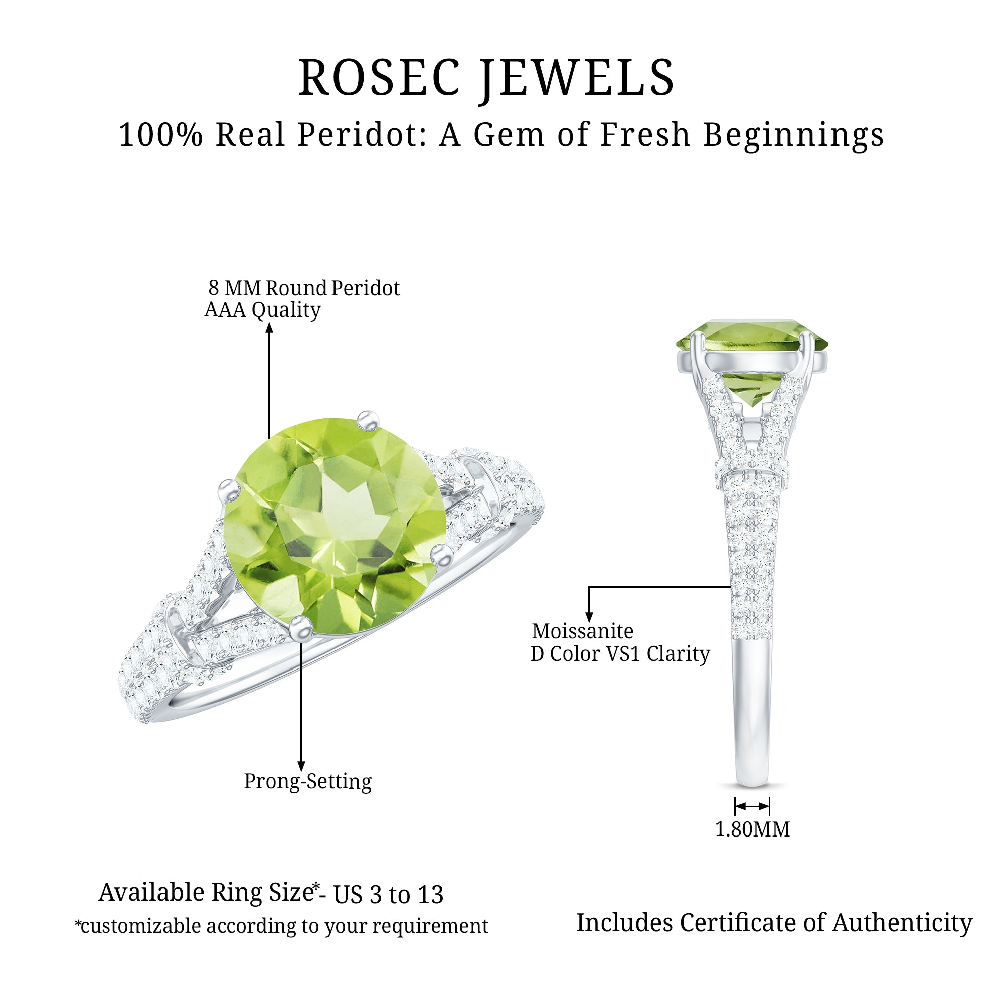 Peridot Solitaire Engagement Ring with Moissanite in Split Shank AAA - Rosec Jewels
