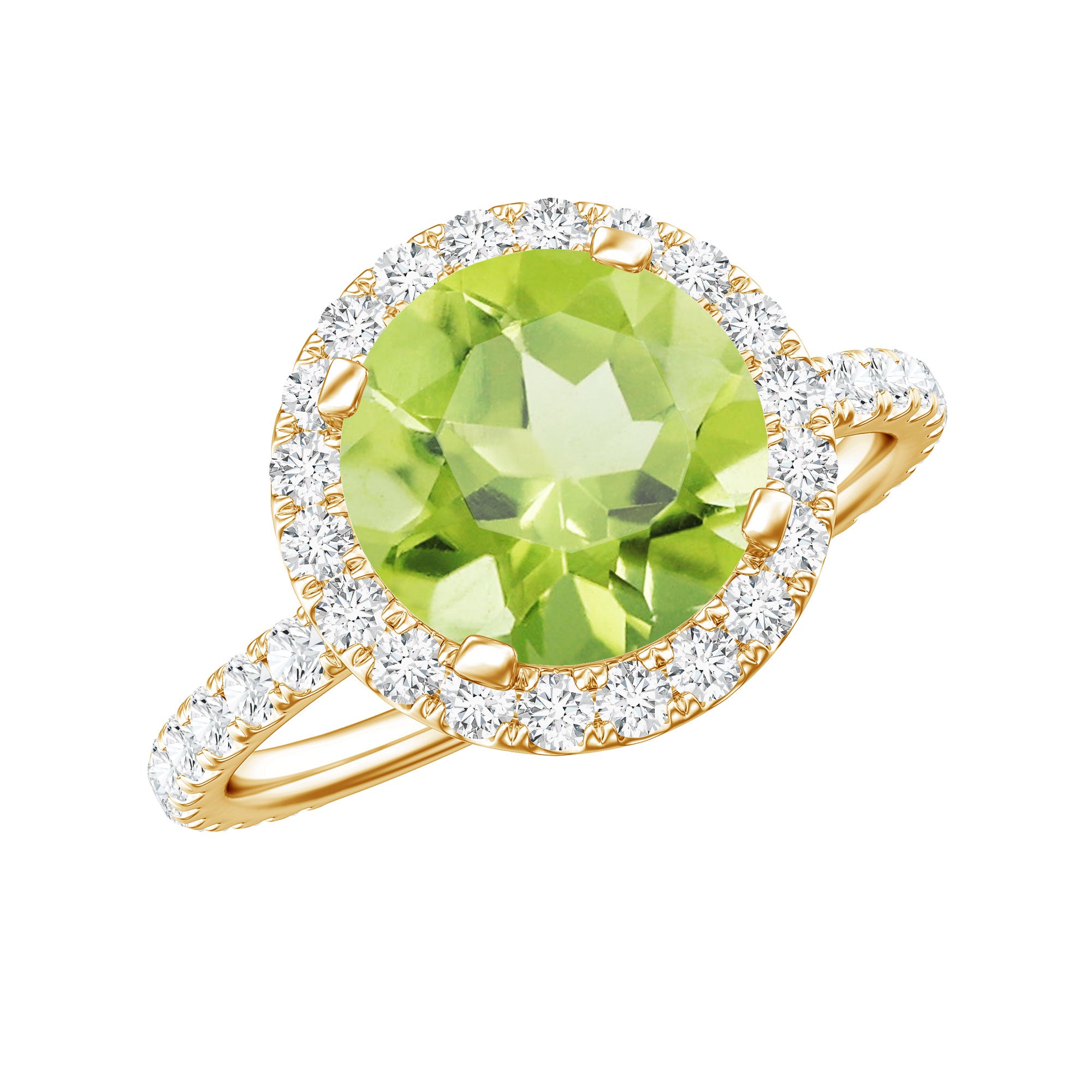 2 Carat Round Peridot Engagement Ring with Diamond Halo AAA - Rosec Jewels