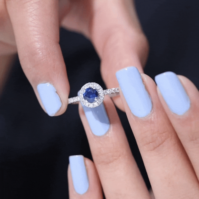 Minimal 0.9 Carat Blue Sapphire Engagement Ring with Diamond Halo AAA - Rosec Jewels