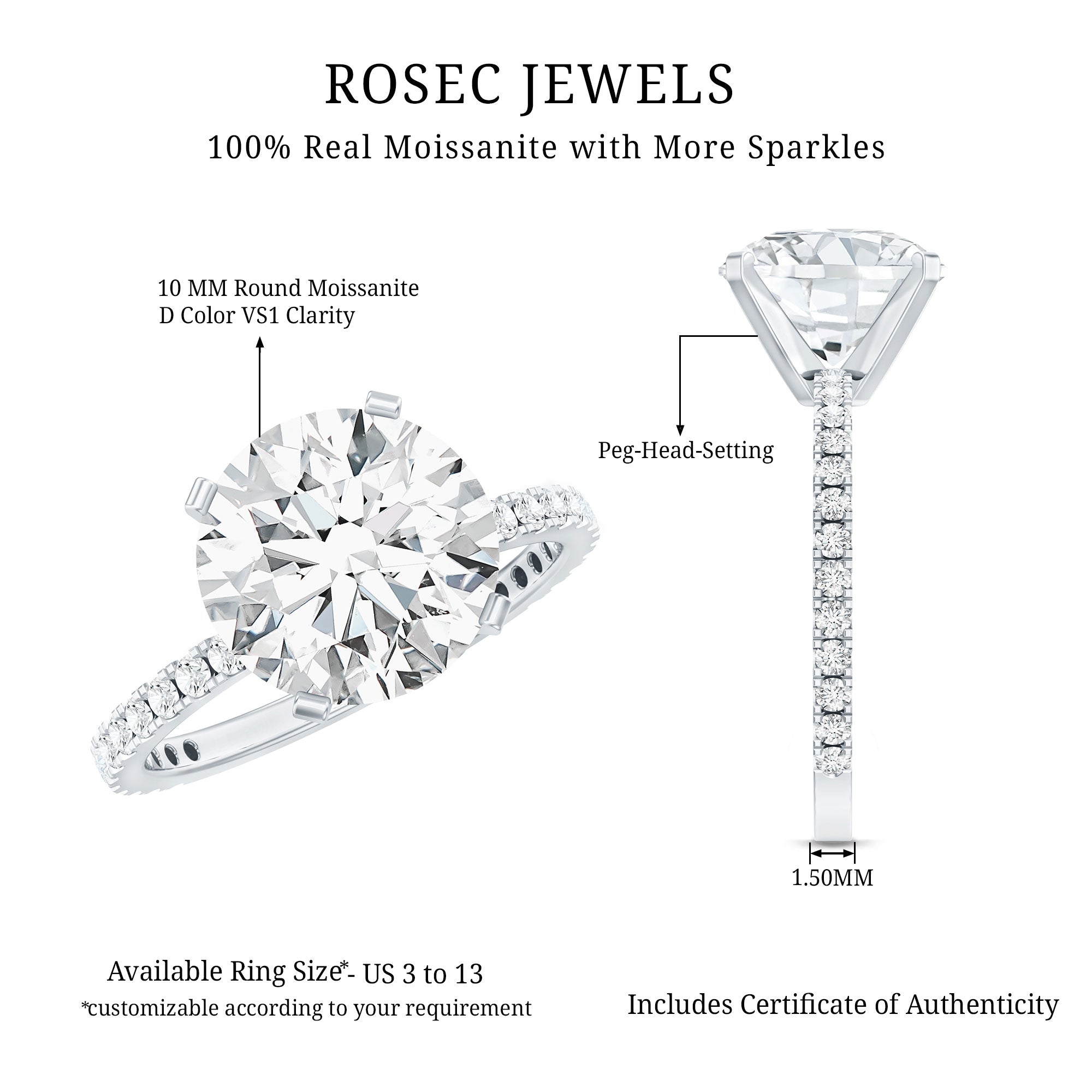Certified Moissanite 10 MM Round Cut Engagement Ring D-VS1 - Rosec Jewels