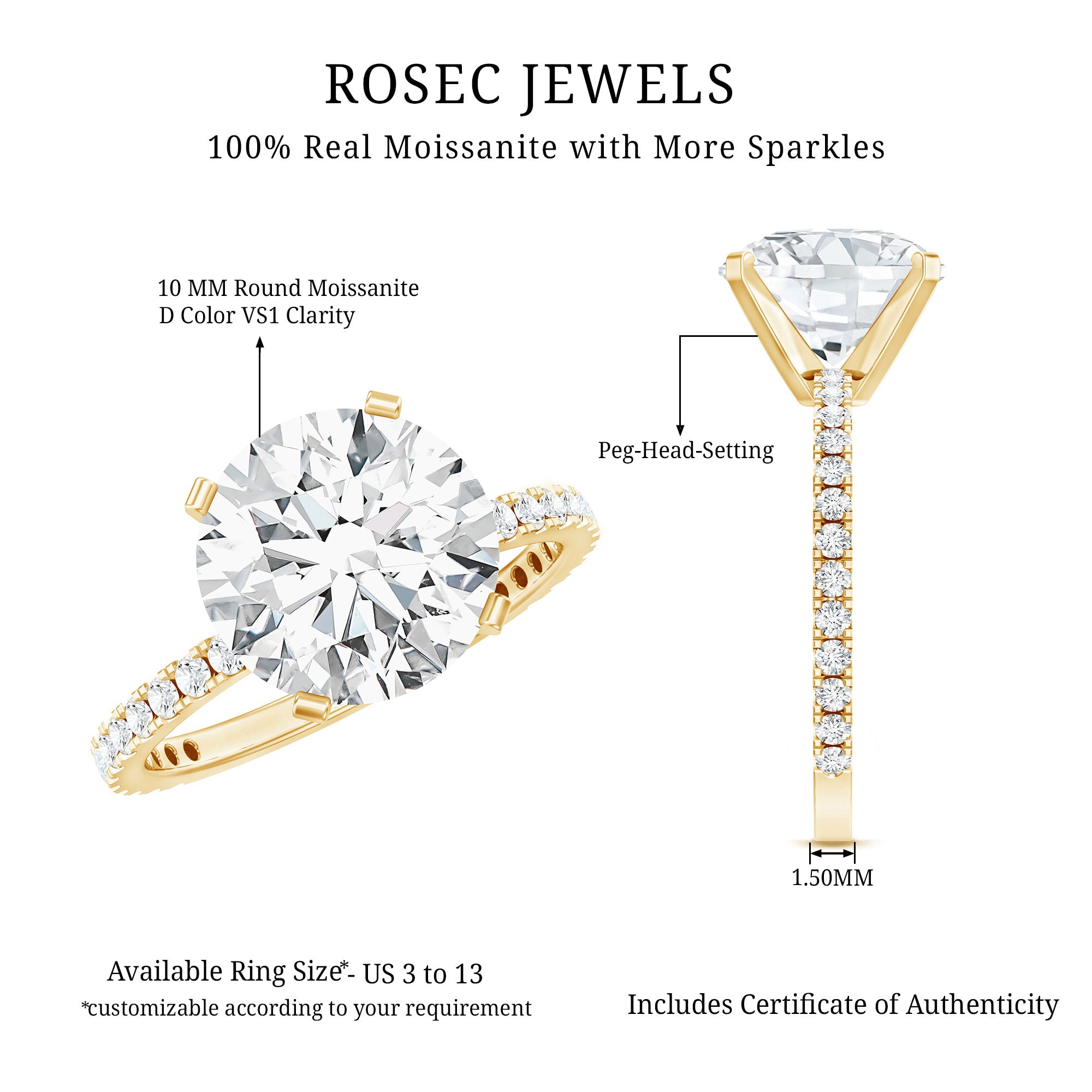 Certified Moissanite 10 MM Round Cut Engagement Ring D-VS1 - Rosec Jewels