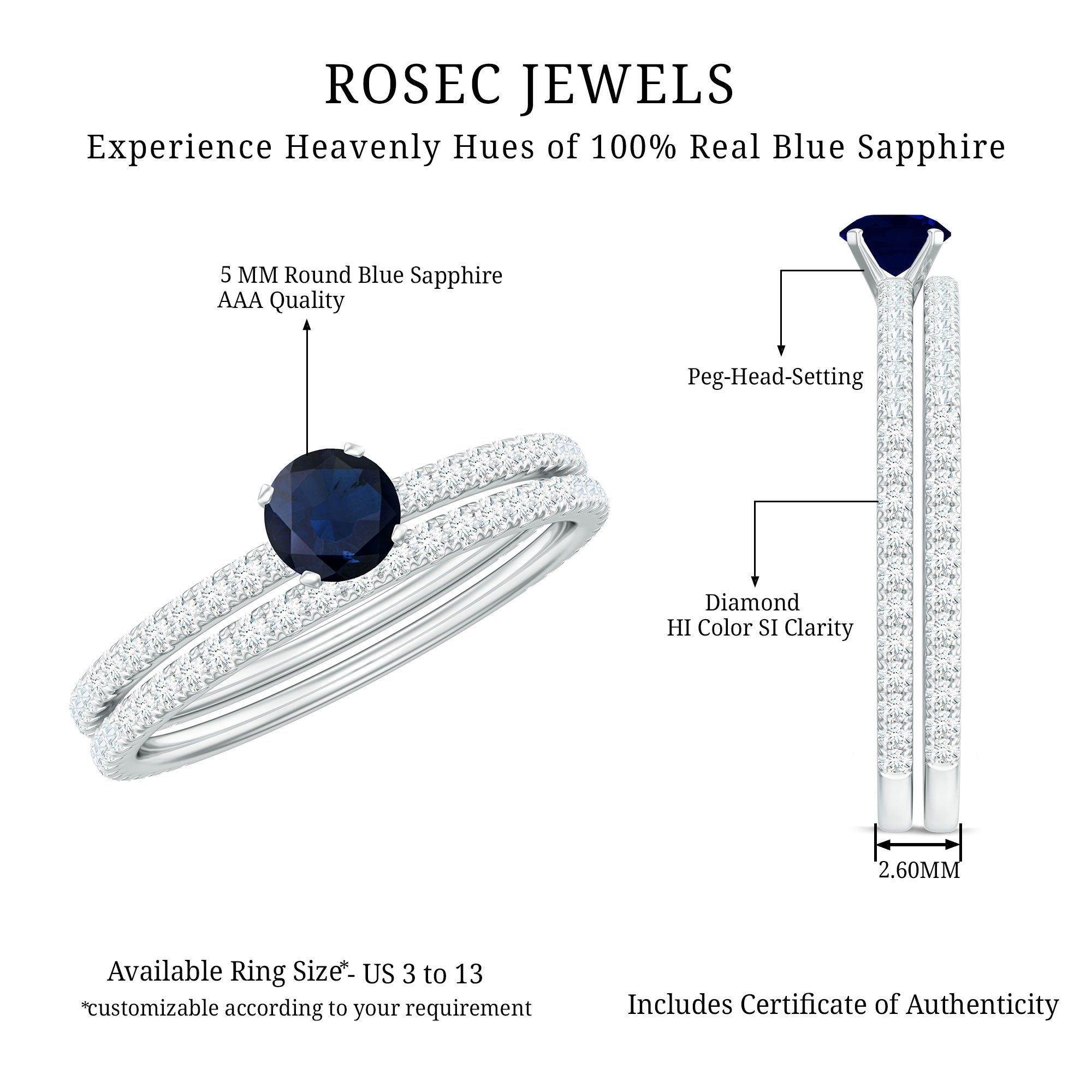 Natural Half Carat Blue Sapphire and Diamond Engagement Ring Set AAA - Rosec Jewels