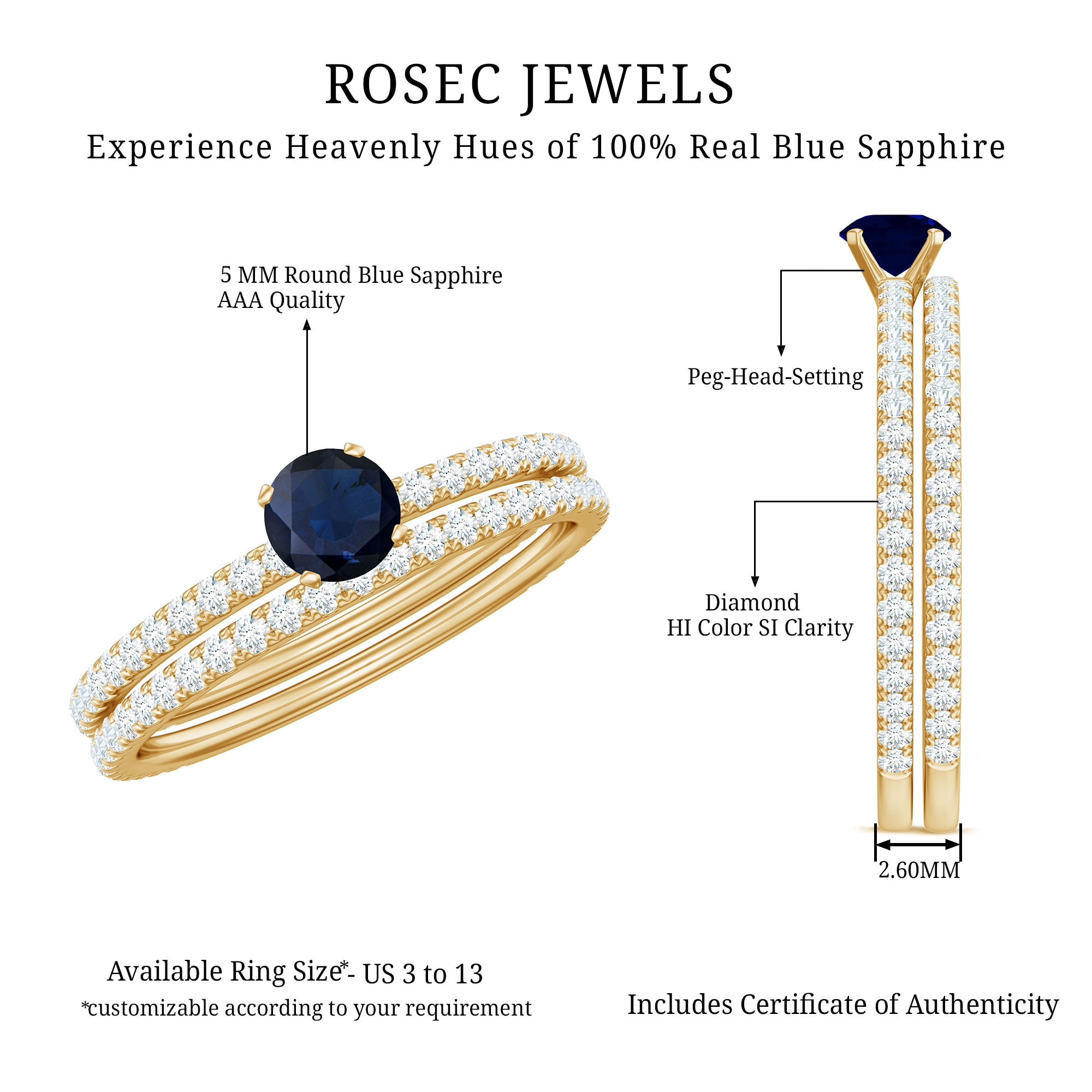 Natural Half Carat Blue Sapphire and Diamond Engagement Ring Set AAA - Rosec Jewels