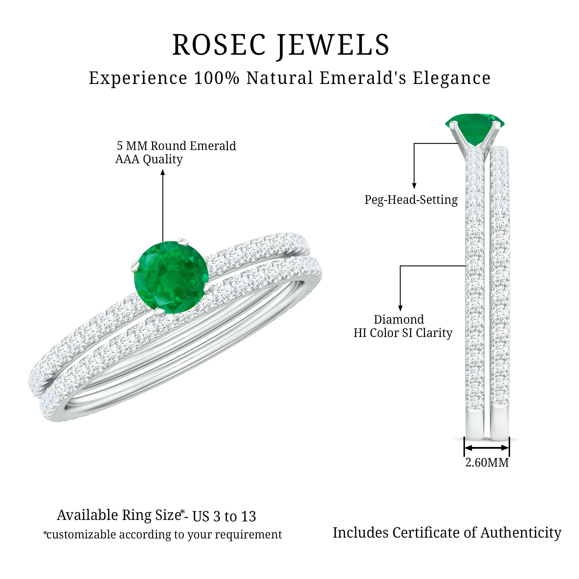 Minimal Emerald Diamond Wedding Engagement Ring Set of 2 AAA - Rosec Jewels