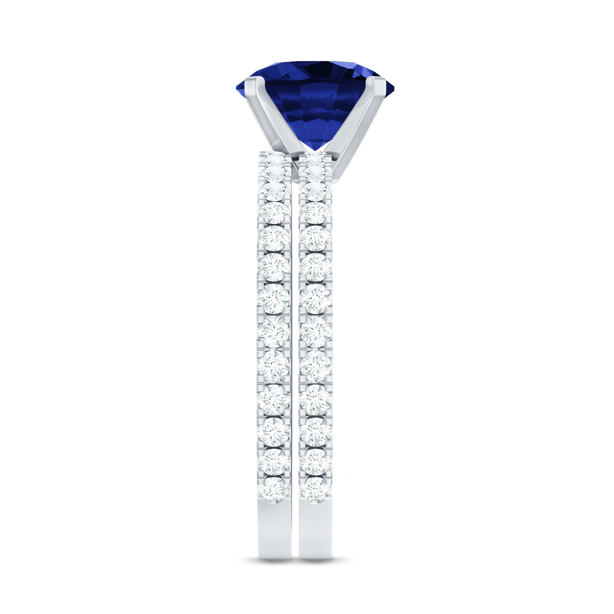 Round Lab Grown Blue Sapphire Solitaire Ring Set with Diamond AAAA - Rosec Jewels