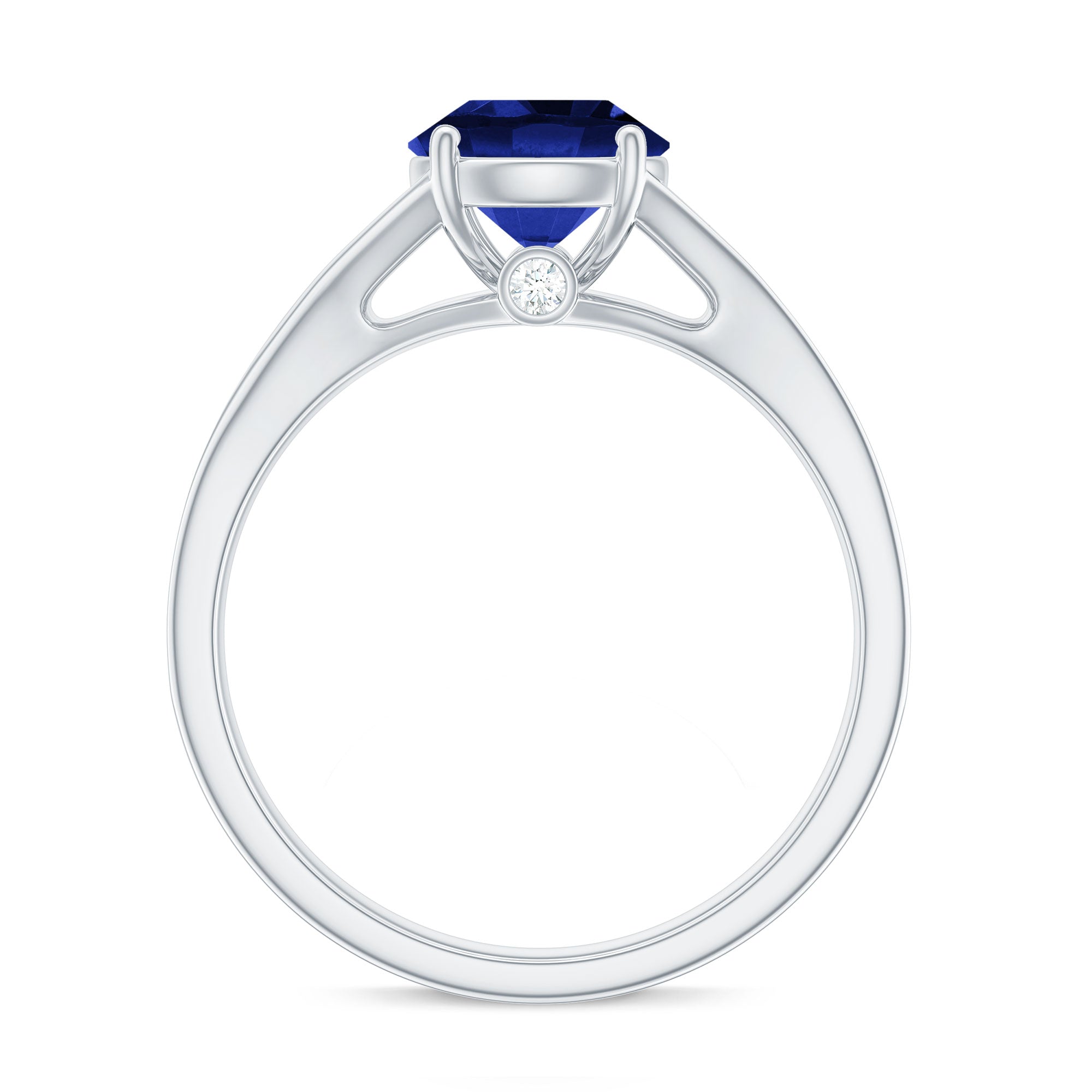 8mm Round Lab Grown Blue Sapphire Engagement Ring with Diamond Split Shank AAAA - Rosec Jewels