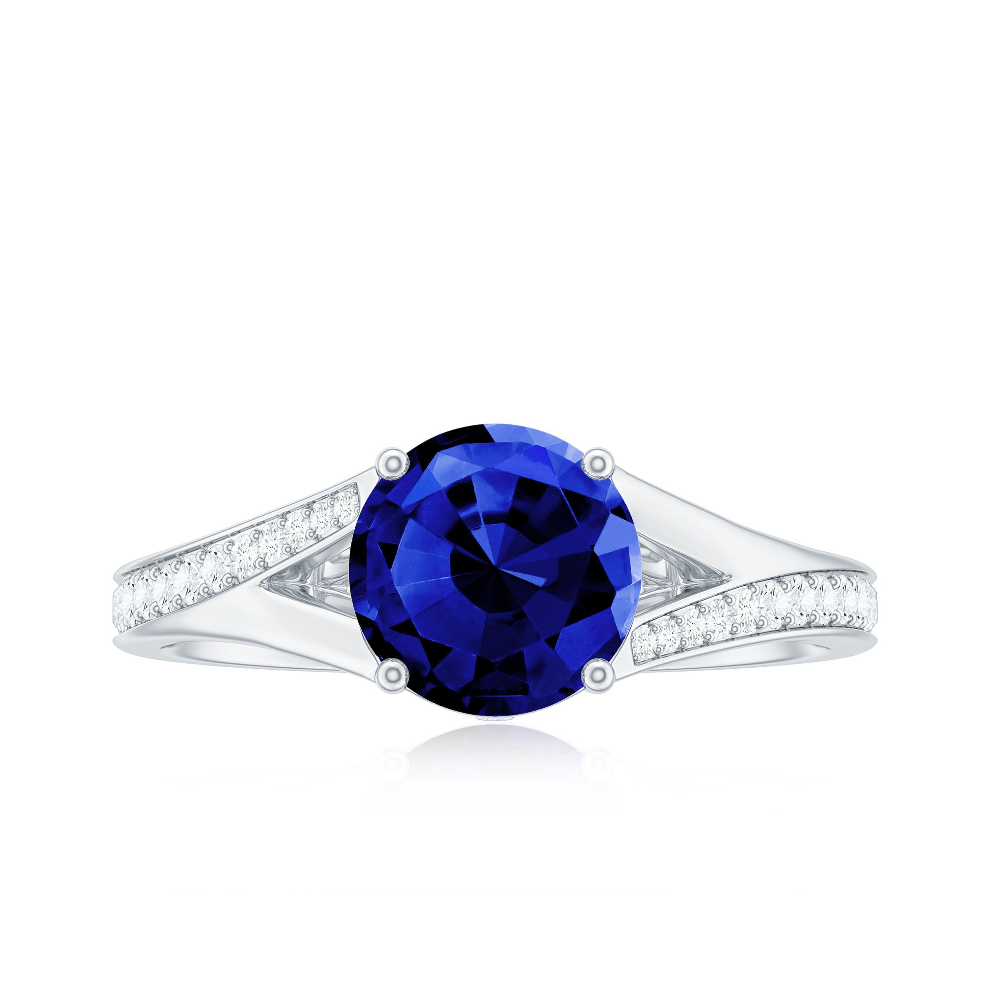 8mm Round Lab Grown Blue Sapphire Engagement Ring with Diamond Split Shank AAAA - Rosec Jewels