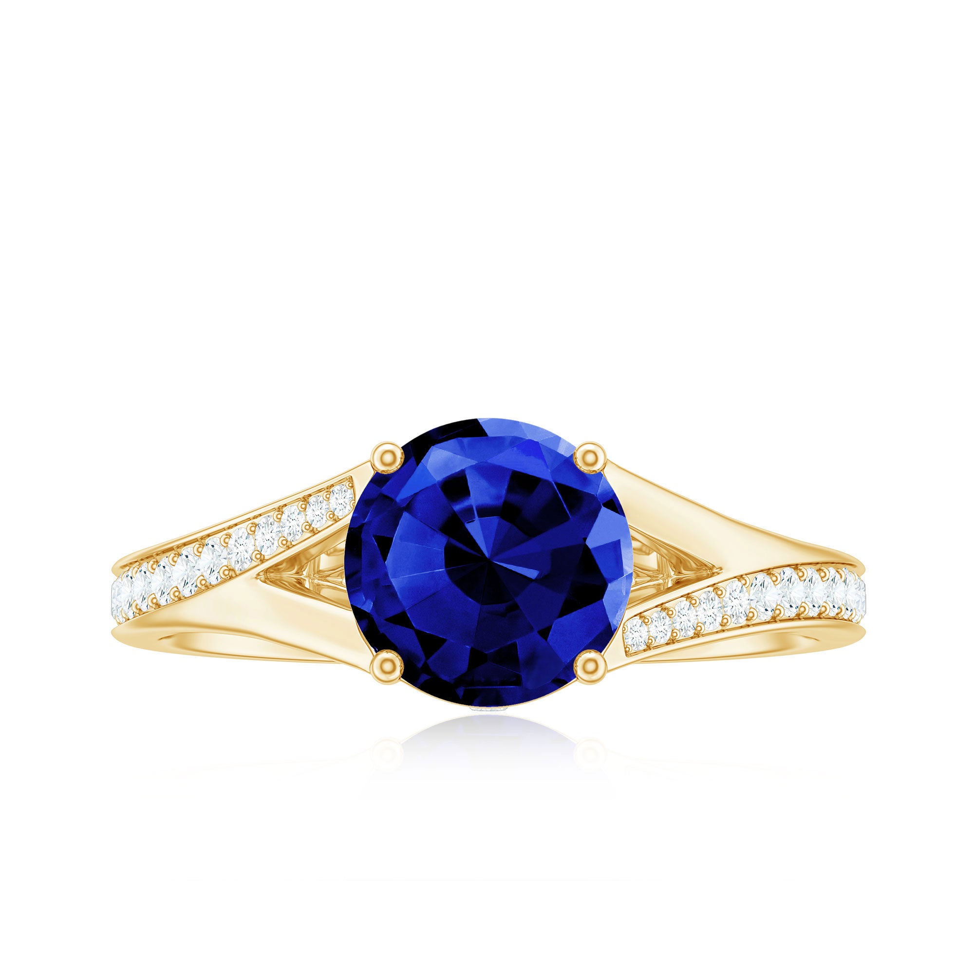 8mm Round Lab Grown Blue Sapphire Engagement Ring with Diamond Split Shank AAAA - Rosec Jewels
