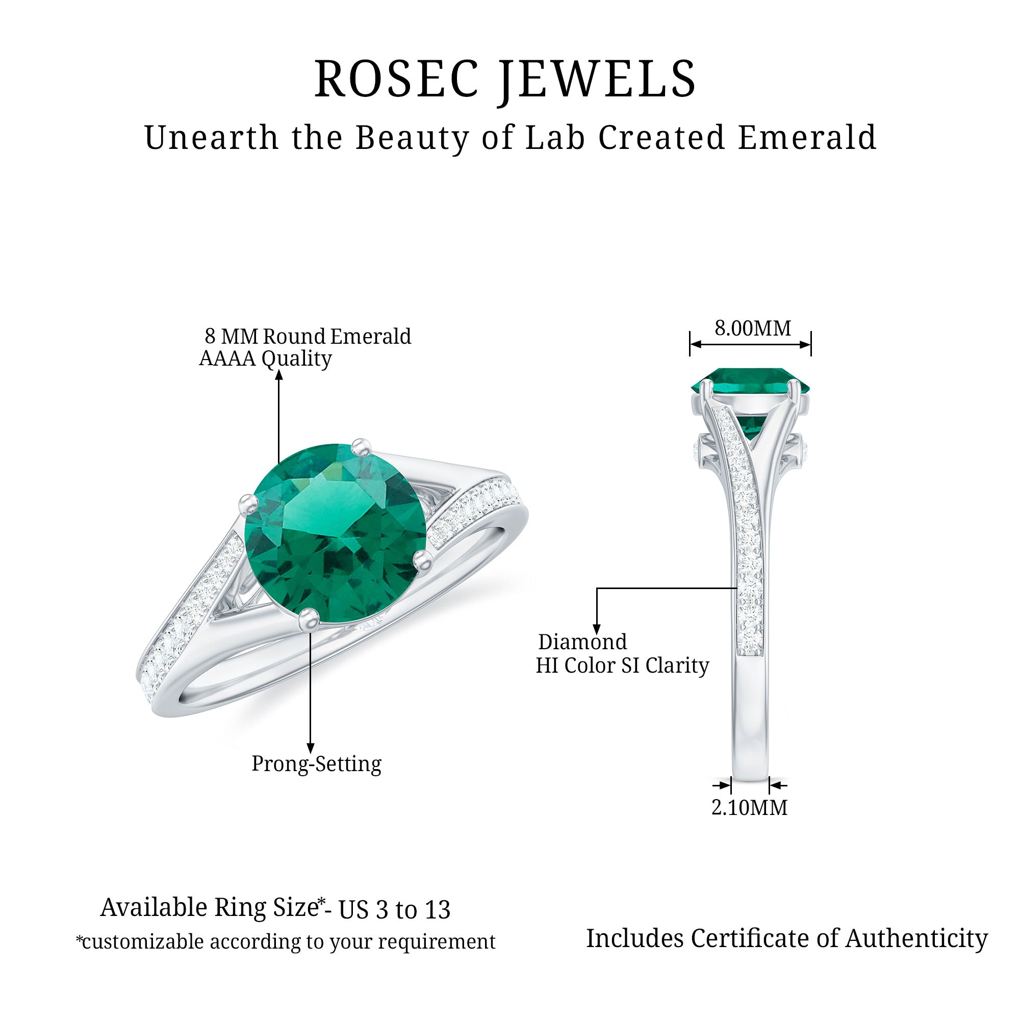 Rosec Jewels-Certified 8 mm Lab Grown Emerald Split Shank Engagement Ring with Diamond