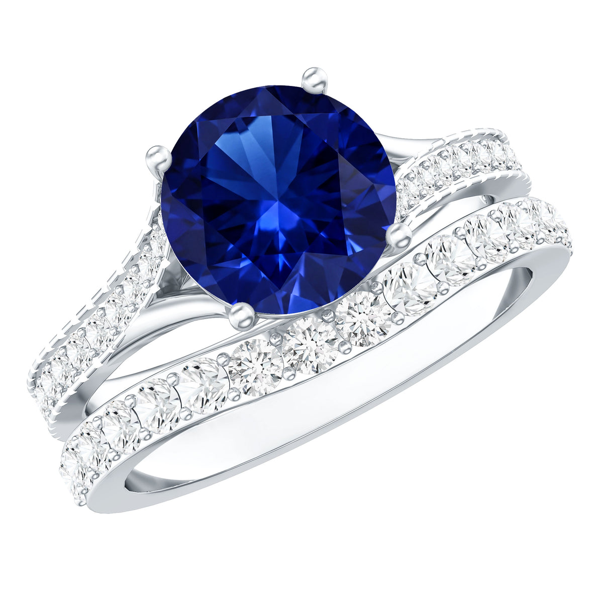 Certified 2.7 Carat Lab Grown Blue Sapphire Engagement Wedding Ring Set with Moissanite AAAA - Rosec Jewels