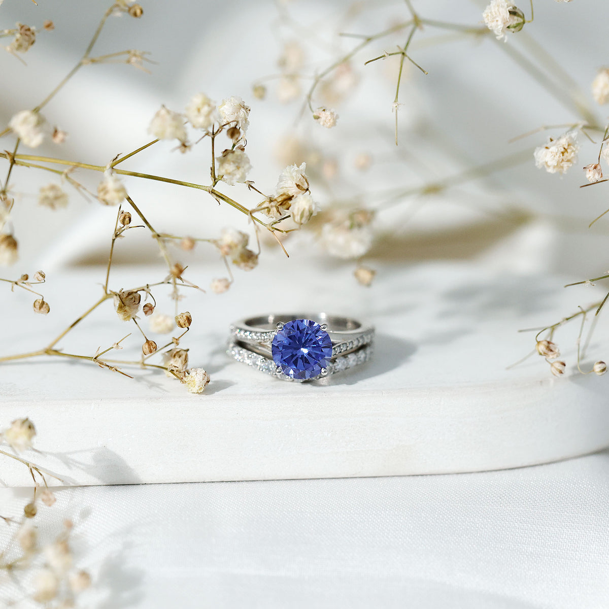 Certified 2.7 Carat Lab Grown Blue Sapphire Engagement Wedding Ring Set with Moissanite AAAA - Rosec Jewels
