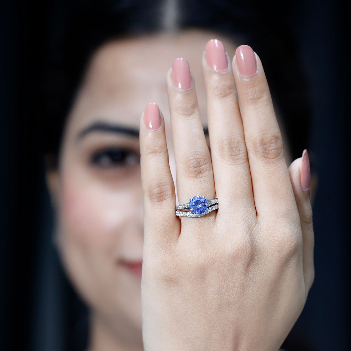 Certified 2.7 Carat Lab Grown Blue Sapphire Engagement Wedding Ring Set with Moissanite AAAA - Rosec Jewels