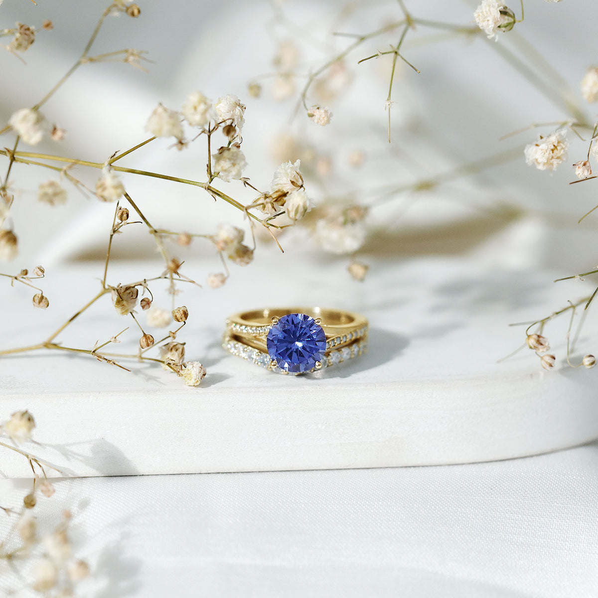 Certified 2.7 Carat Lab Grown Blue Sapphire Engagement Wedding Ring Set with Moissanite AAAA - Rosec Jewels