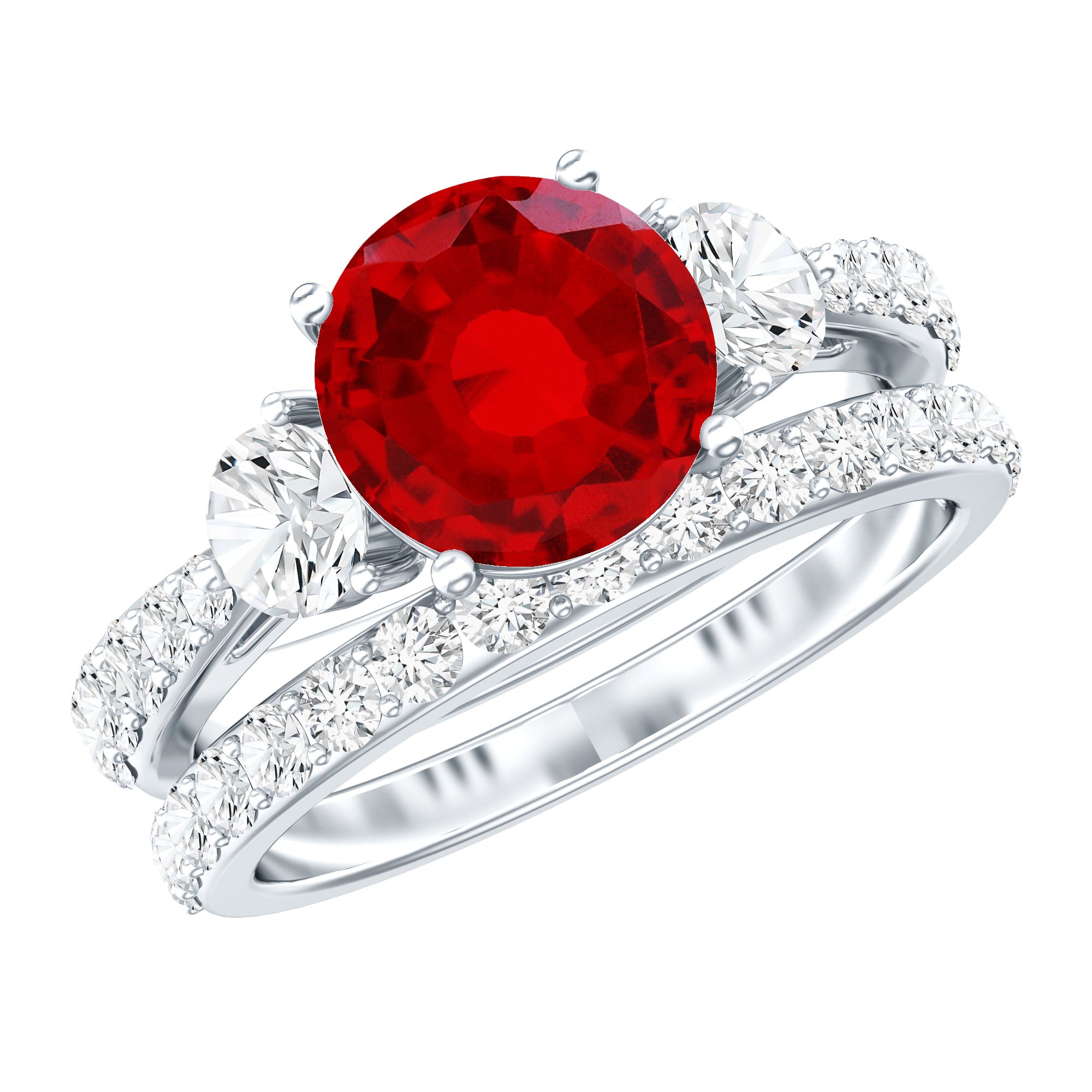 Classic Created Ruby Bridal Ring Set with Moissanite in Gold