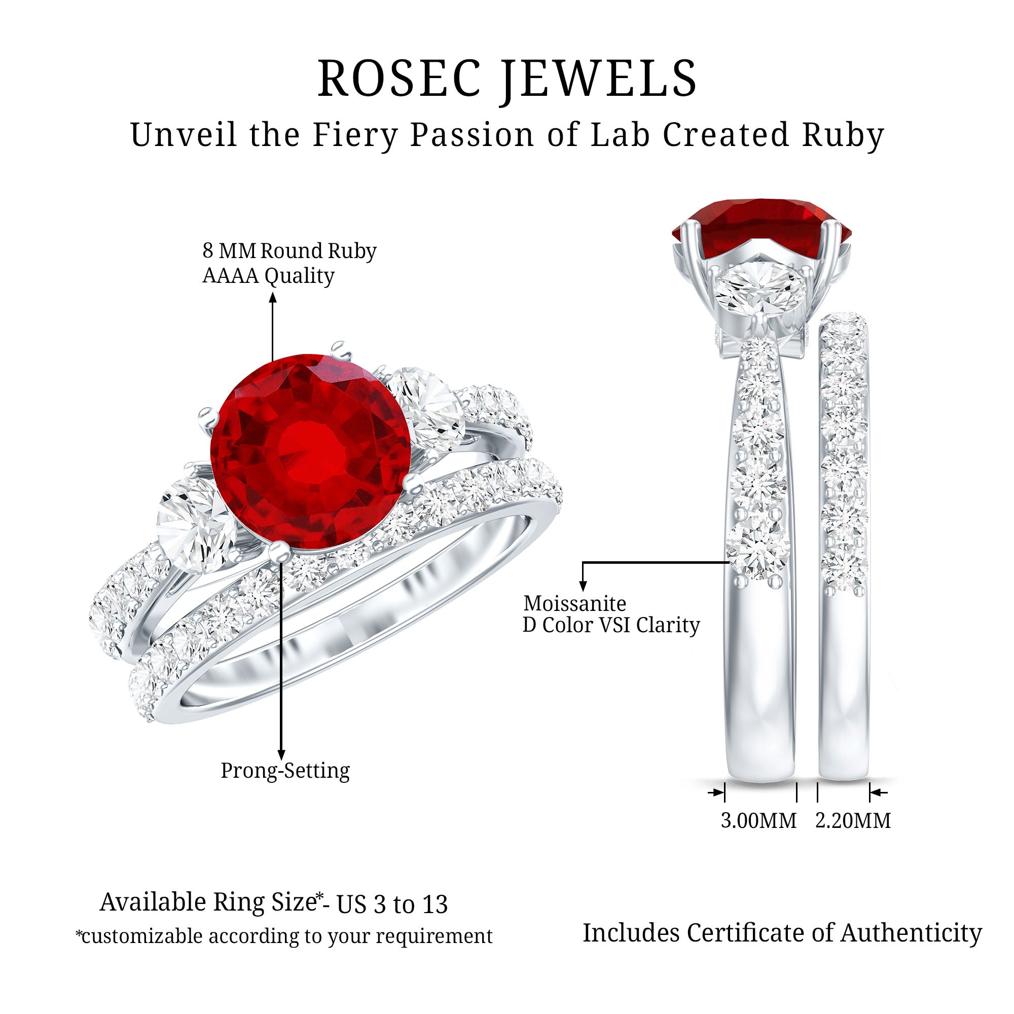 2.3 Carat Lab Created Ruby Bridal Ring Set with Moissanite AAAA - Rosec Jewels