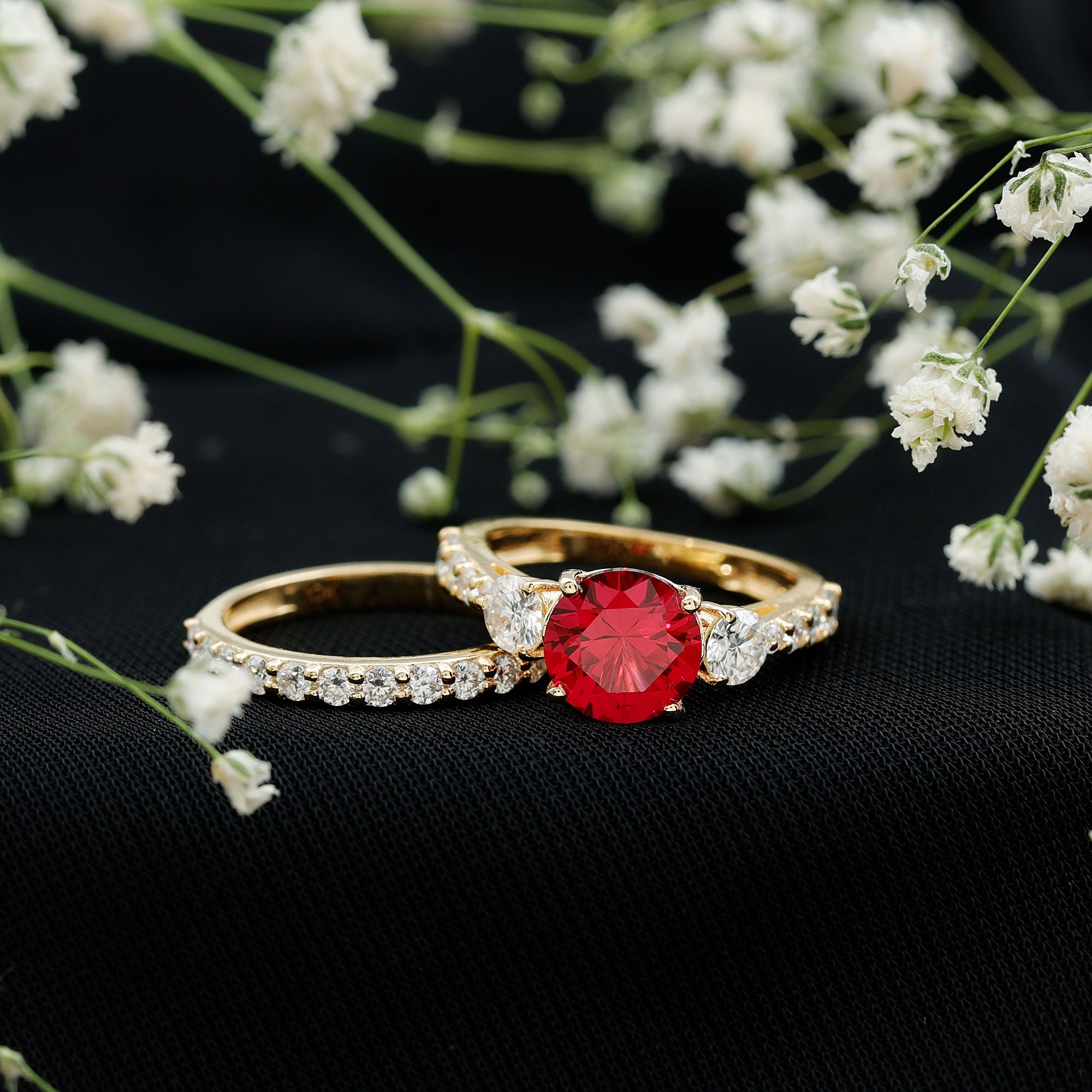 2.3 Carat Lab Created Ruby Bridal Ring Set with Moissanite AAAA - Rosec Jewels