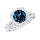 Genuine Blue Topaz and Diamond Halo Wedding Ring Set AAA - Rosec Jewels