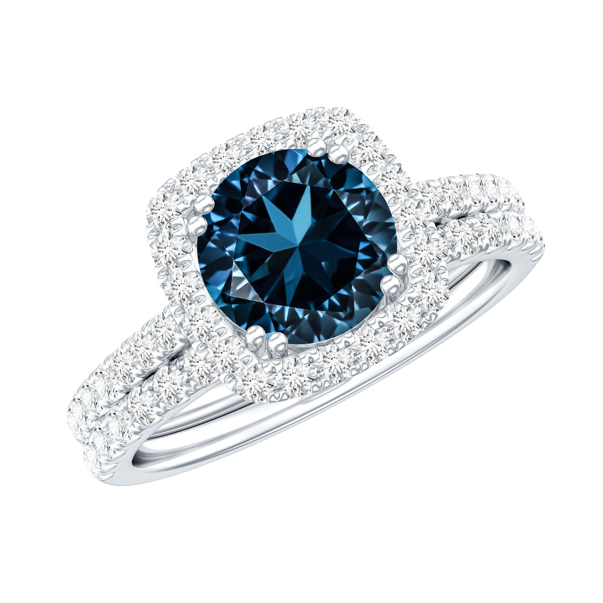 Genuine Blue Topaz and Diamond Halo Wedding Ring Set AAA - Rosec Jewels