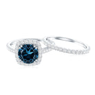 Genuine Blue Topaz and Diamond Halo Wedding Ring Set AAA - Rosec Jewels