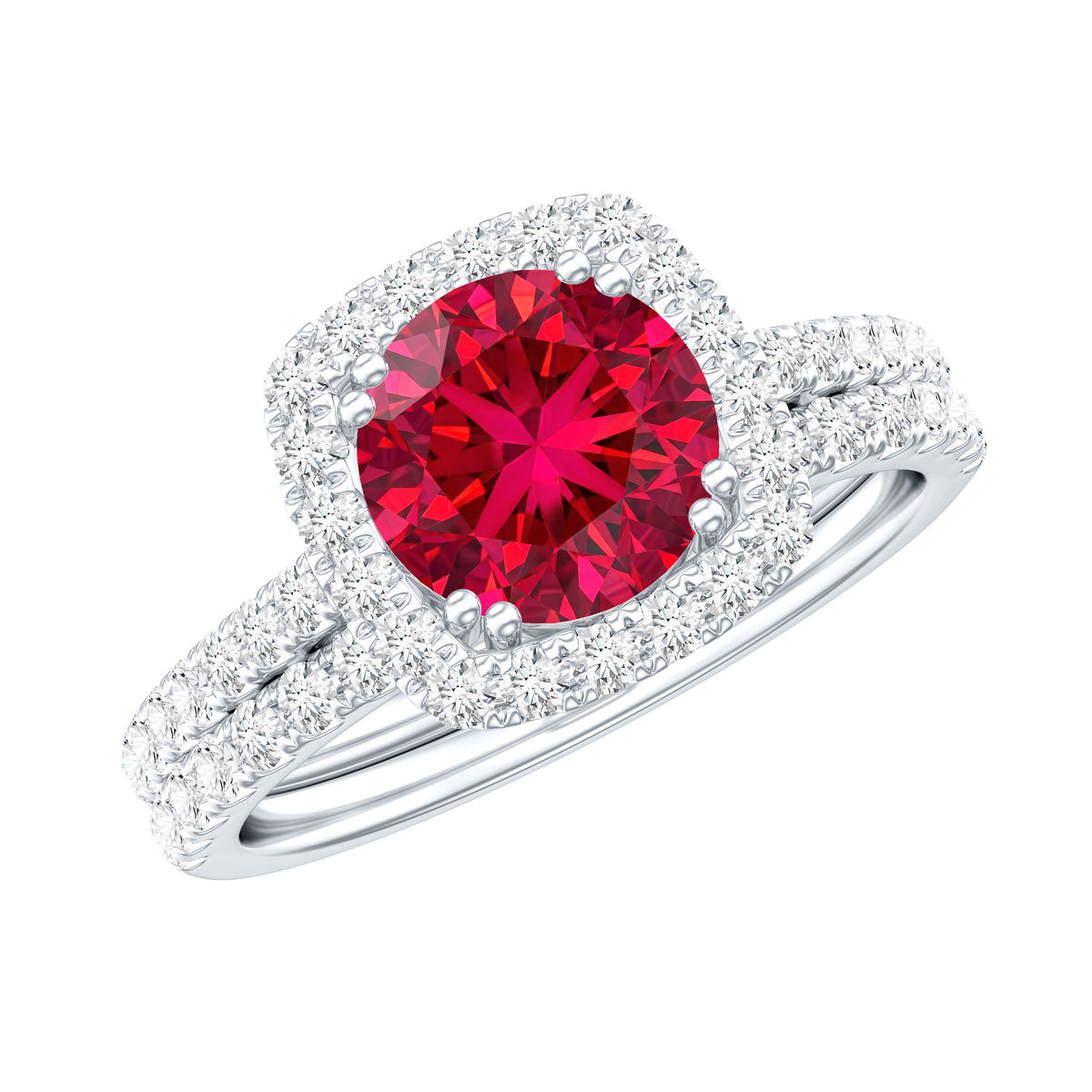 Lab Created Ruby and Moissanite Halo Wedding Ring Set for Bride AAAA - Rosec Jewels