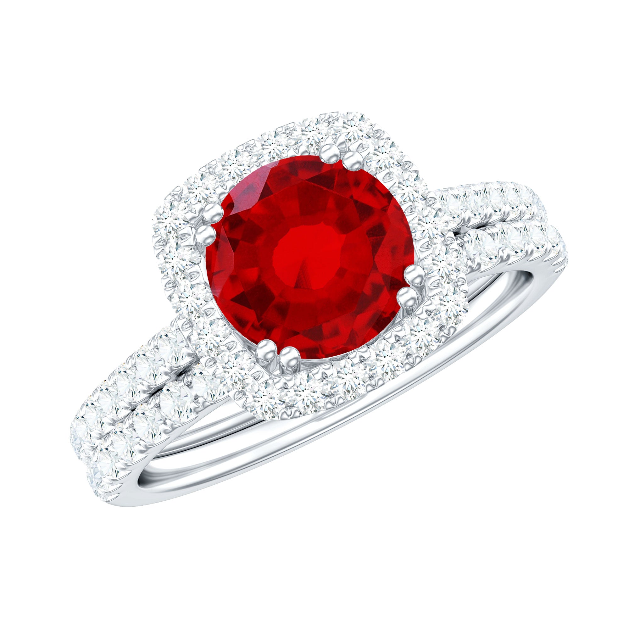 Rosec Jewels-Lab Created Ruby and Moissanite Halo Wedding Ring Set for Bride