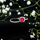 Rosec Jewels-Lab Created Ruby and Moissanite Halo Wedding Ring Set for Bride
