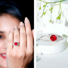 Rosec Jewels-Lab Created Ruby and Moissanite Halo Wedding Ring Set for Bride