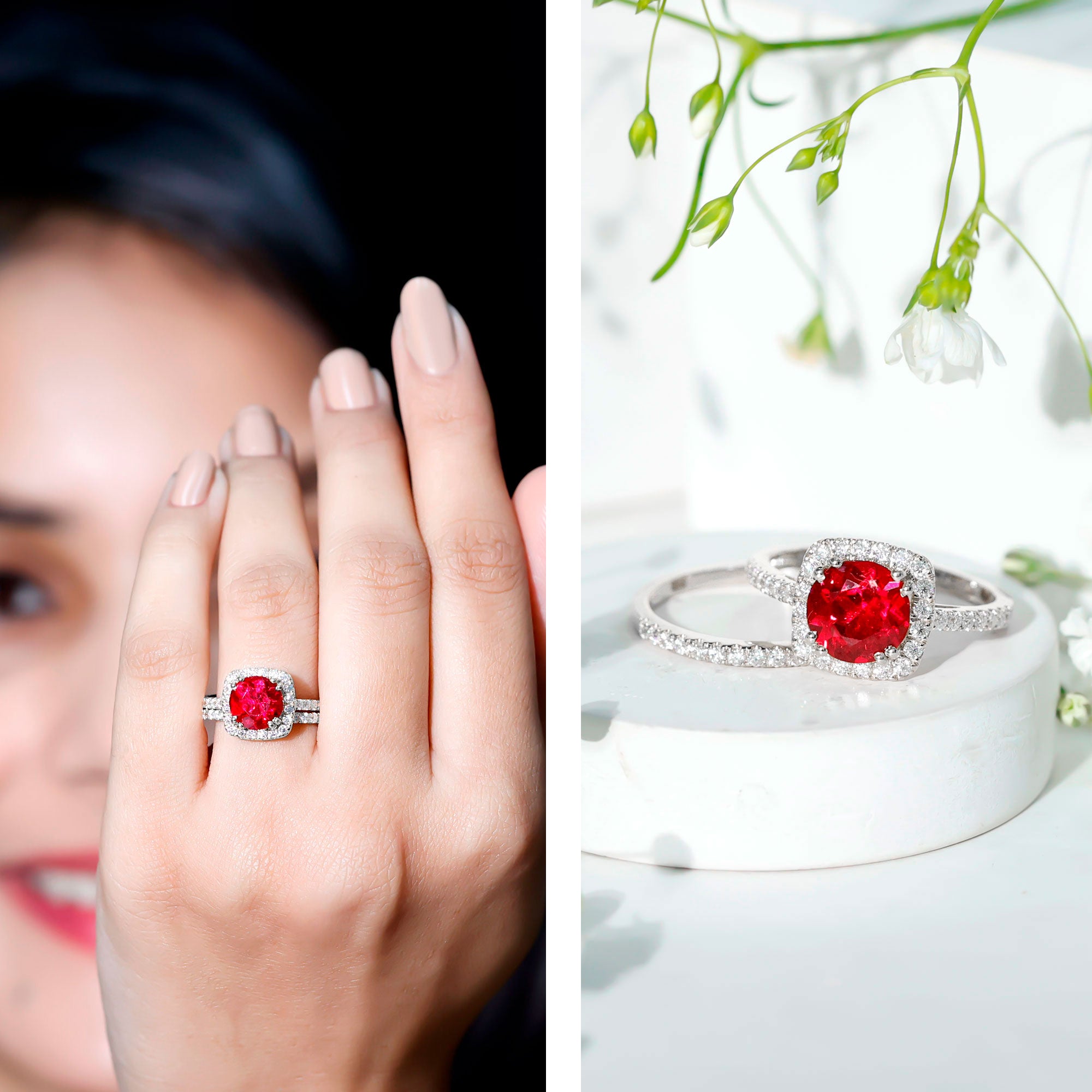 Rosec Jewels-Lab Created Ruby and Moissanite Halo Wedding Ring Set for Bride