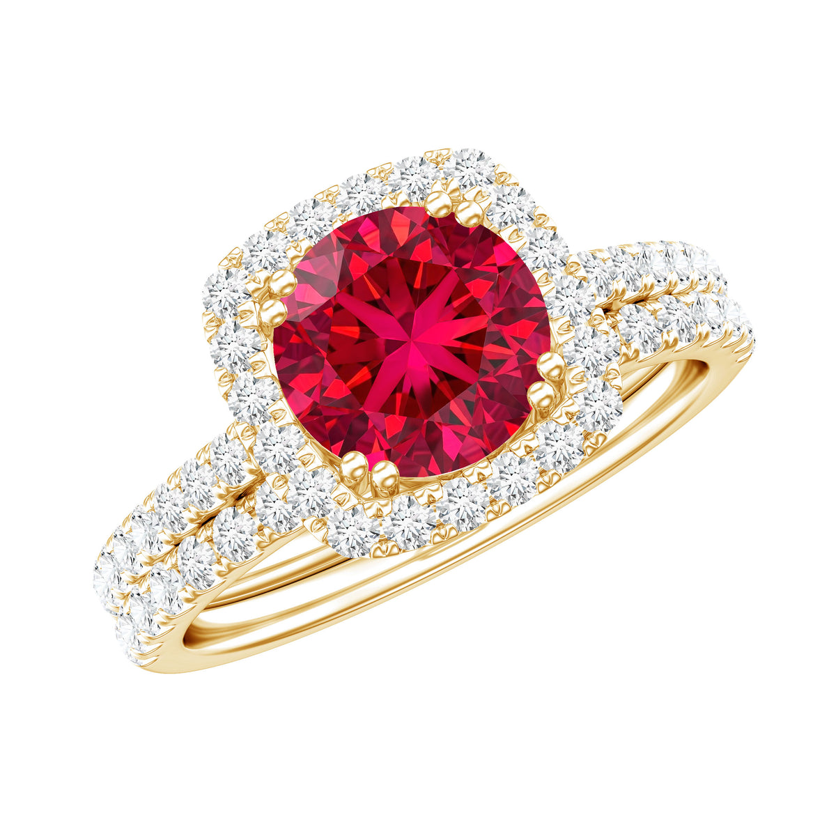 Lab Created Ruby and Moissanite Halo Wedding Ring Set for Bride AAAA - Rosec Jewels