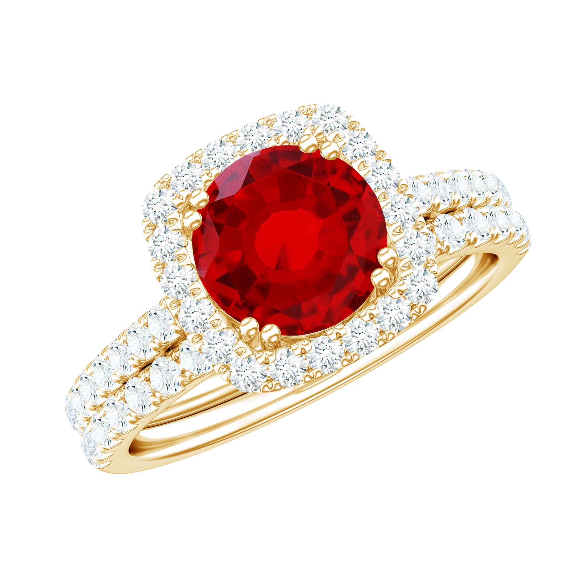 Rosec Jewels-Lab Created Ruby and Moissanite Halo Wedding Ring Set for Bride