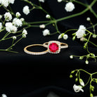 Rosec Jewels-Lab Created Ruby and Moissanite Halo Wedding Ring Set for Bride