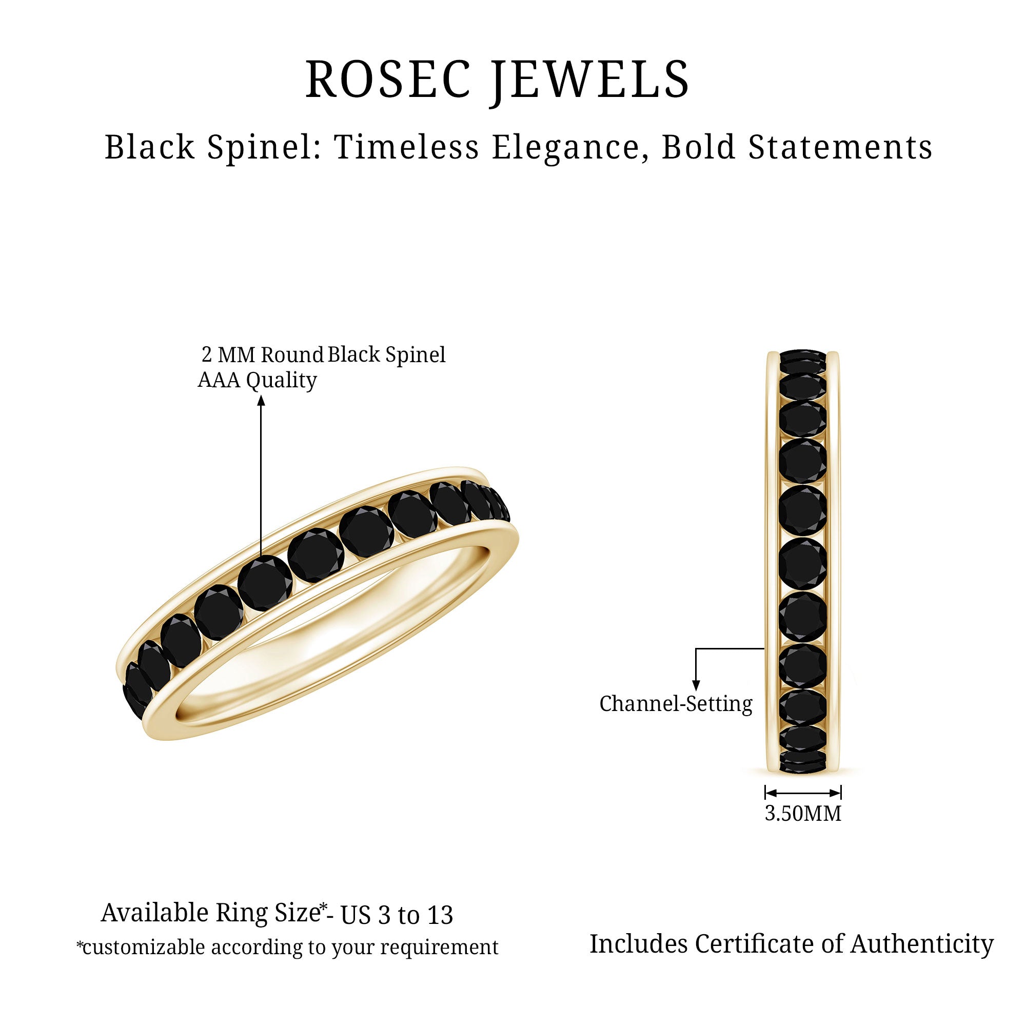 Natural Channel Set Black Spinel Eternity Ring for Anniversary AAA - Rosec Jewels