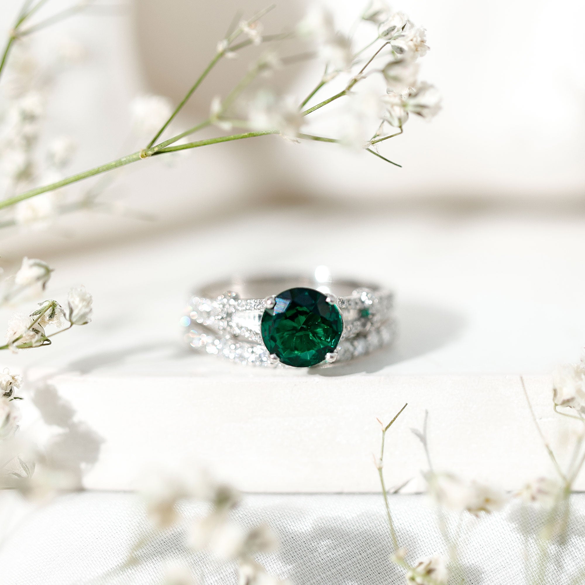 Rosec Jewels-Designer Lab Grown Emerald Engagement Ring with Wedding Band