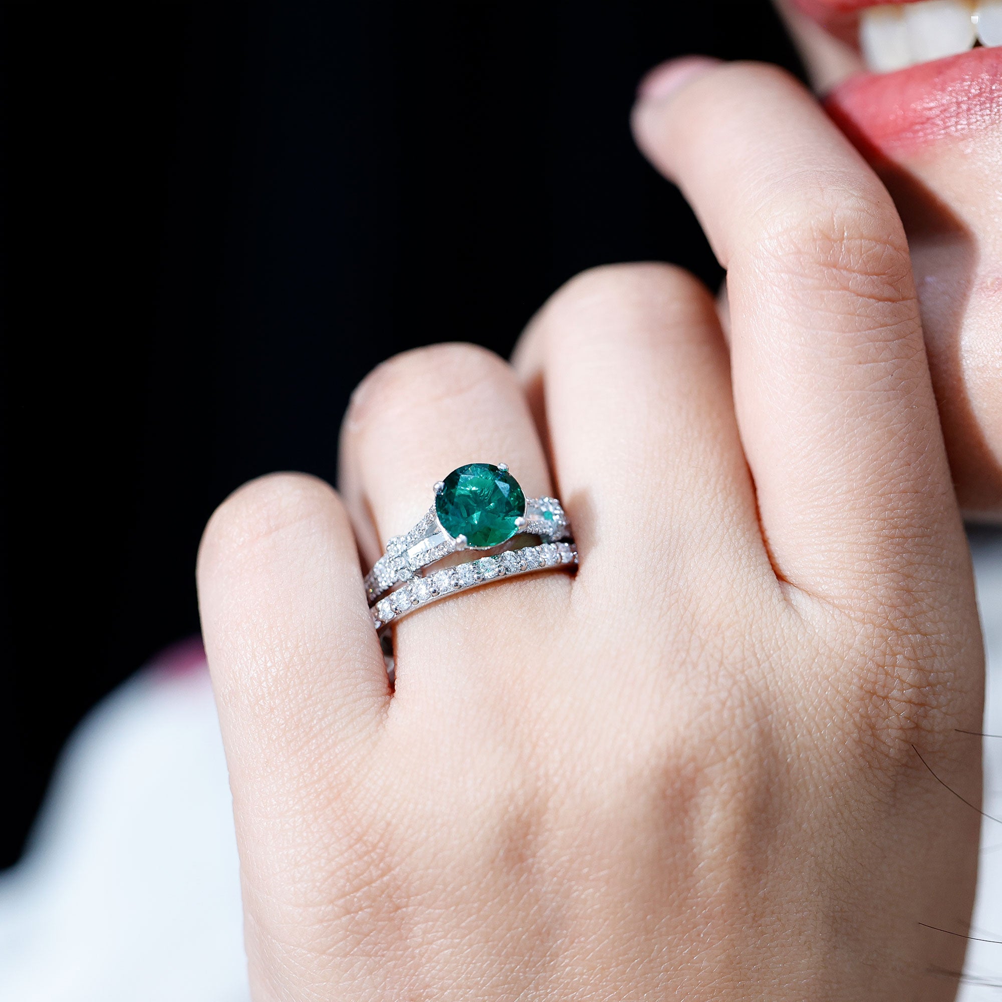 Rosec Jewels-Designer Lab Grown Emerald Engagement Ring with Wedding Band