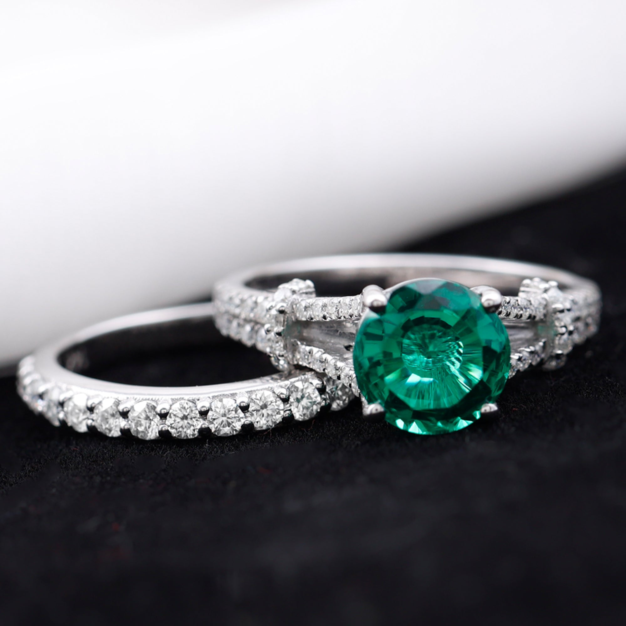 Rosec Jewels-Designer Lab Grown Emerald Engagement Ring with Wedding Band
