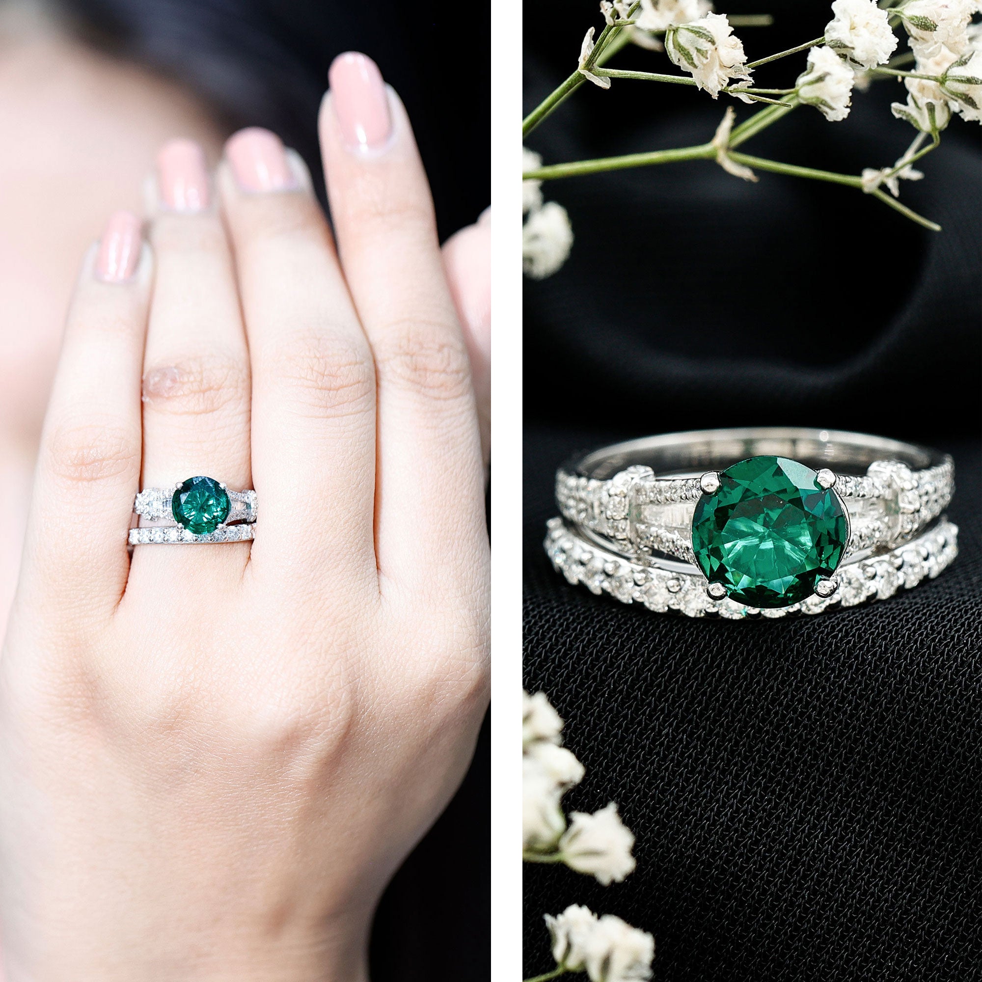 Rosec Jewels-Designer Lab Grown Emerald Engagement Ring with Wedding Band