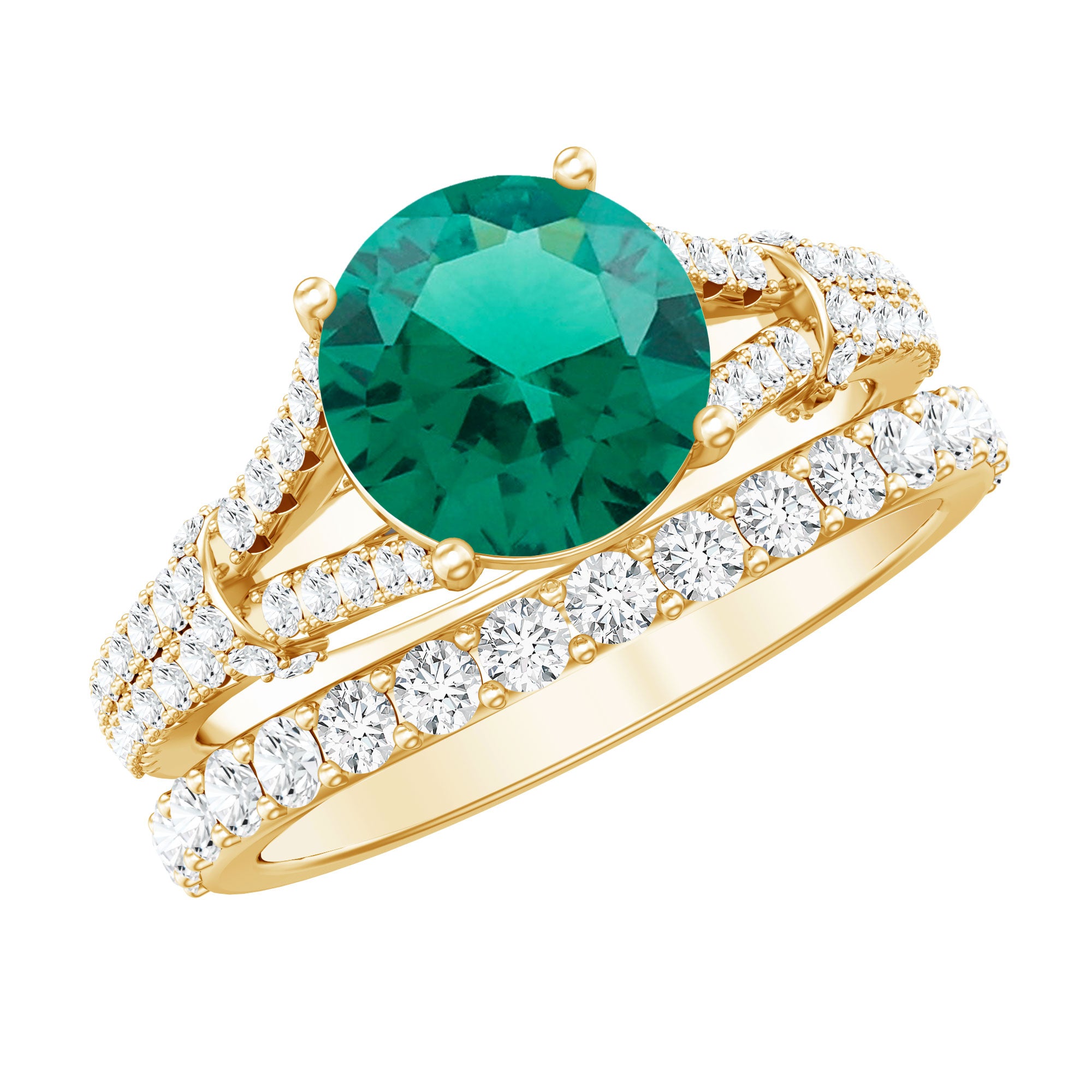 Rosec Jewels-Designer Lab Grown Emerald Engagement Ring with Wedding Band